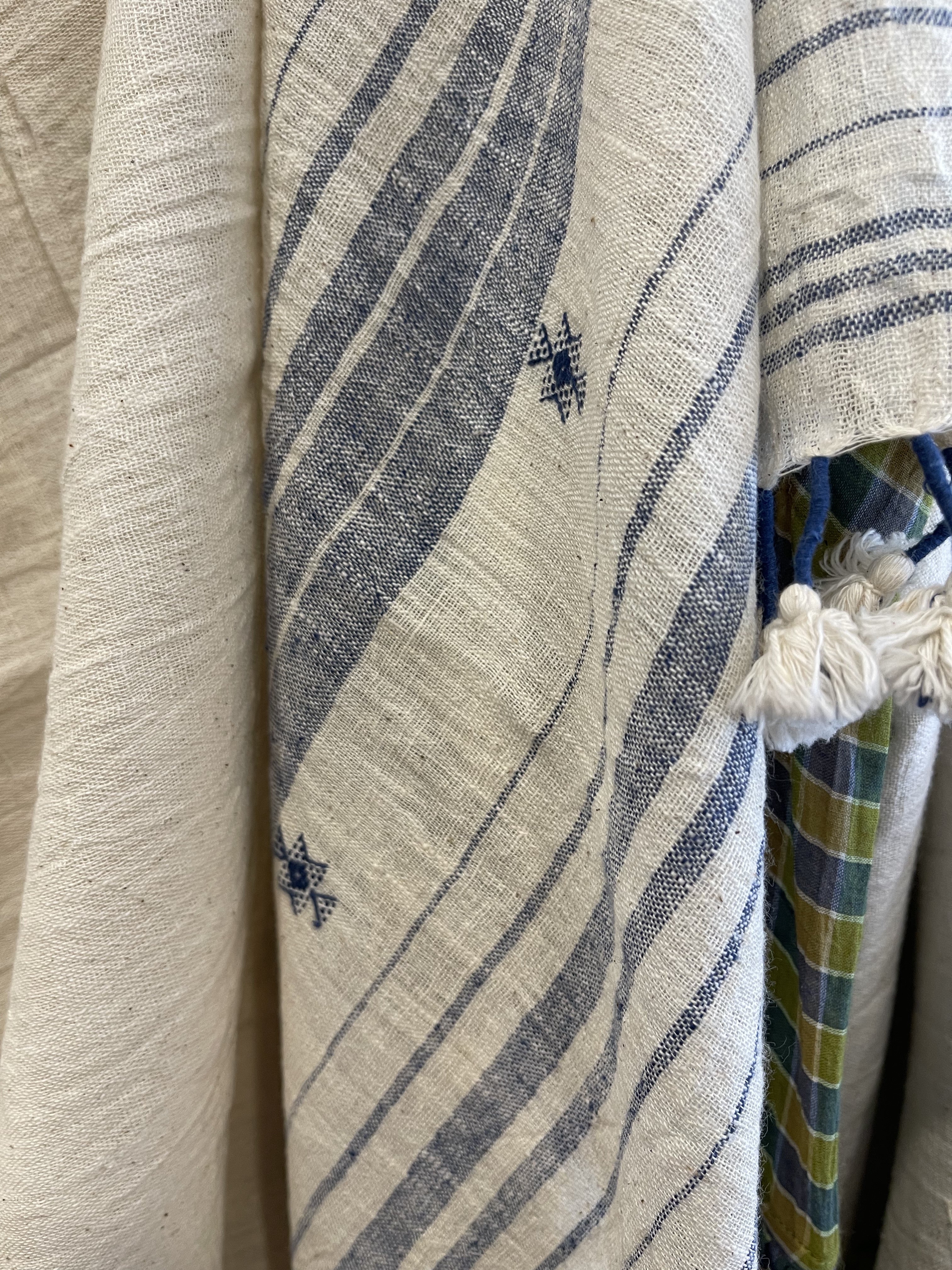Handwoven Organic Cotton Scarf - Light Blue Border Stripe