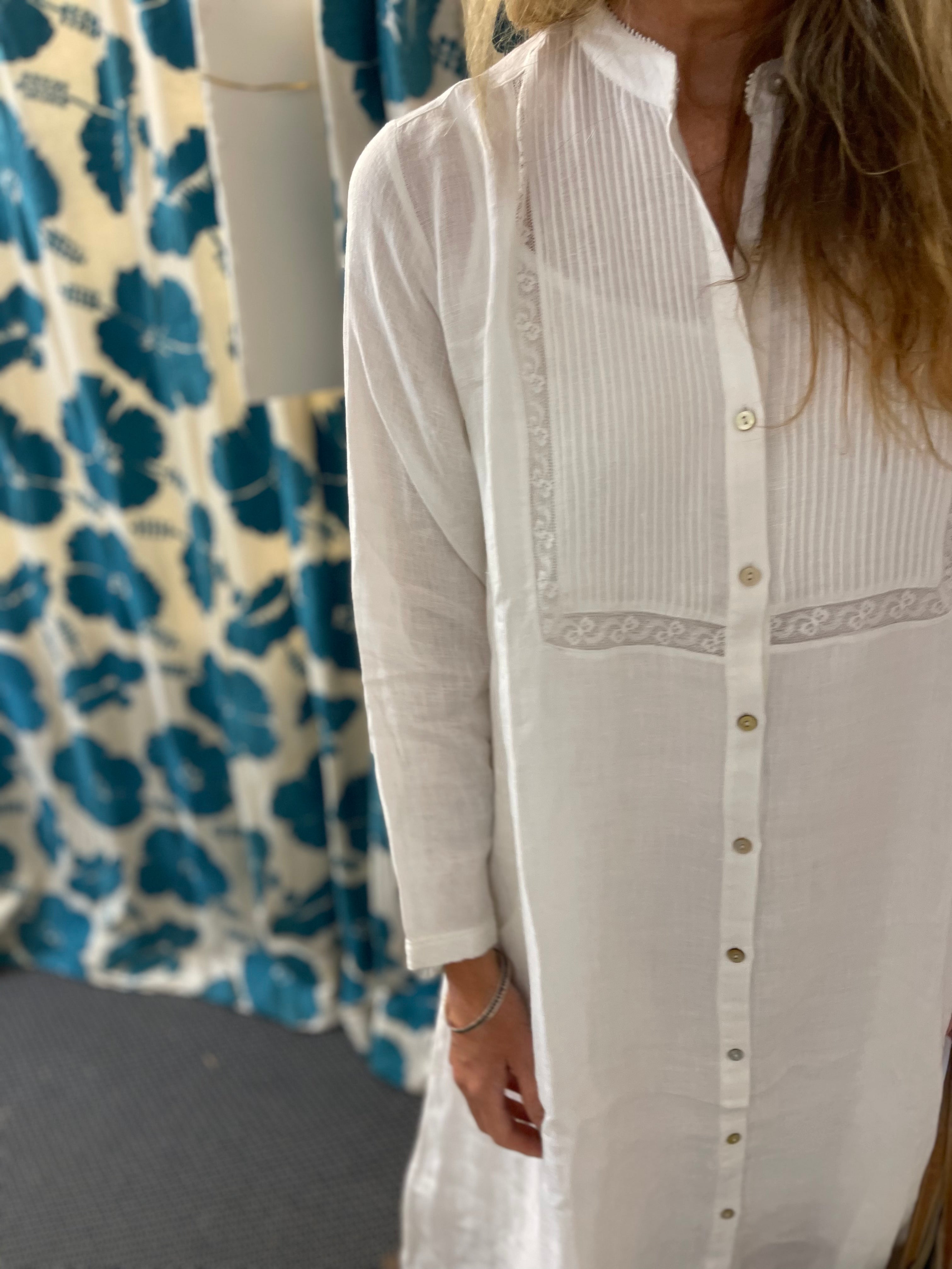 HEERA LINEN SHIRT DRESS with LACE - WHITE
