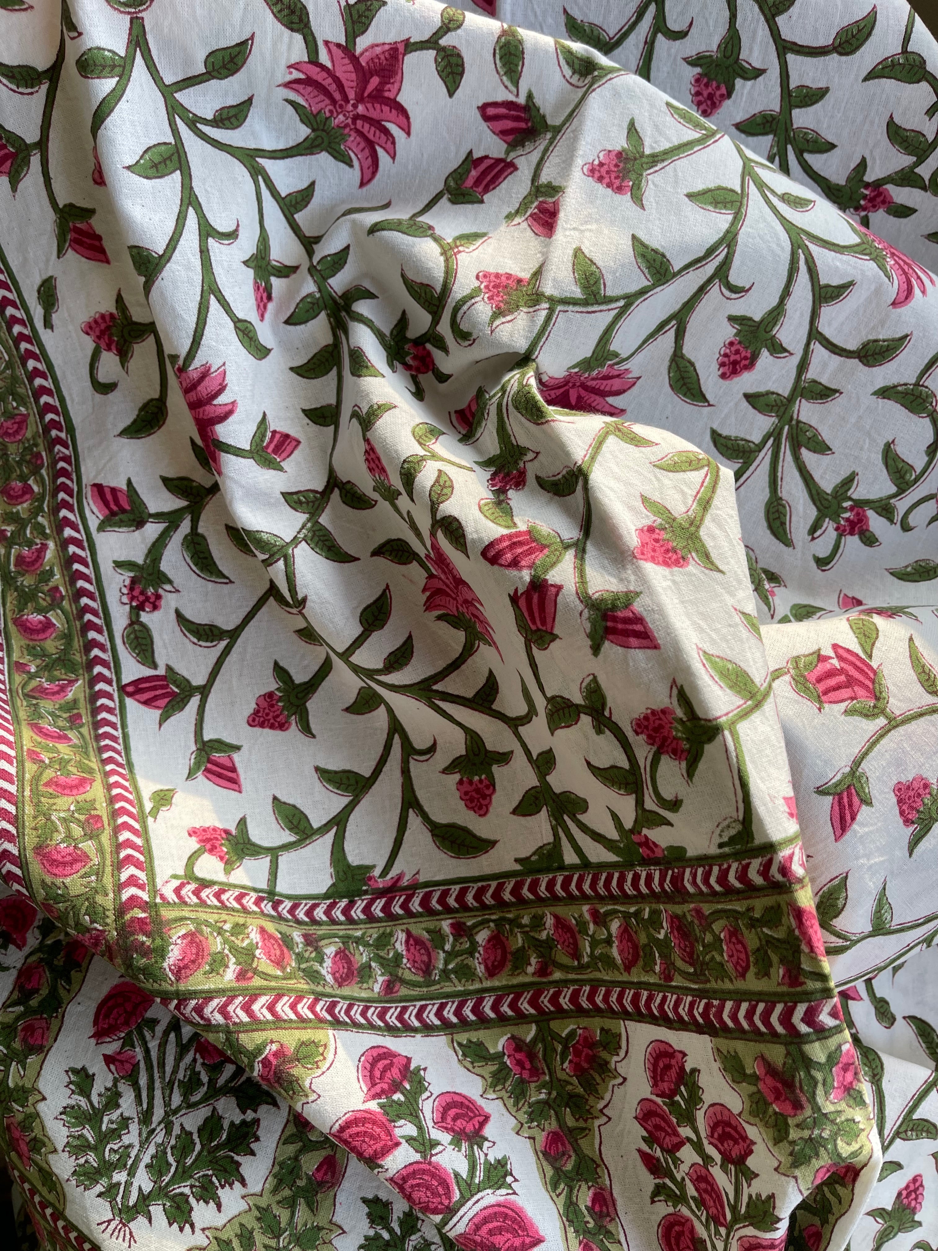 Handblock Printed Tablecloth Rectangular Long - Rose Garden