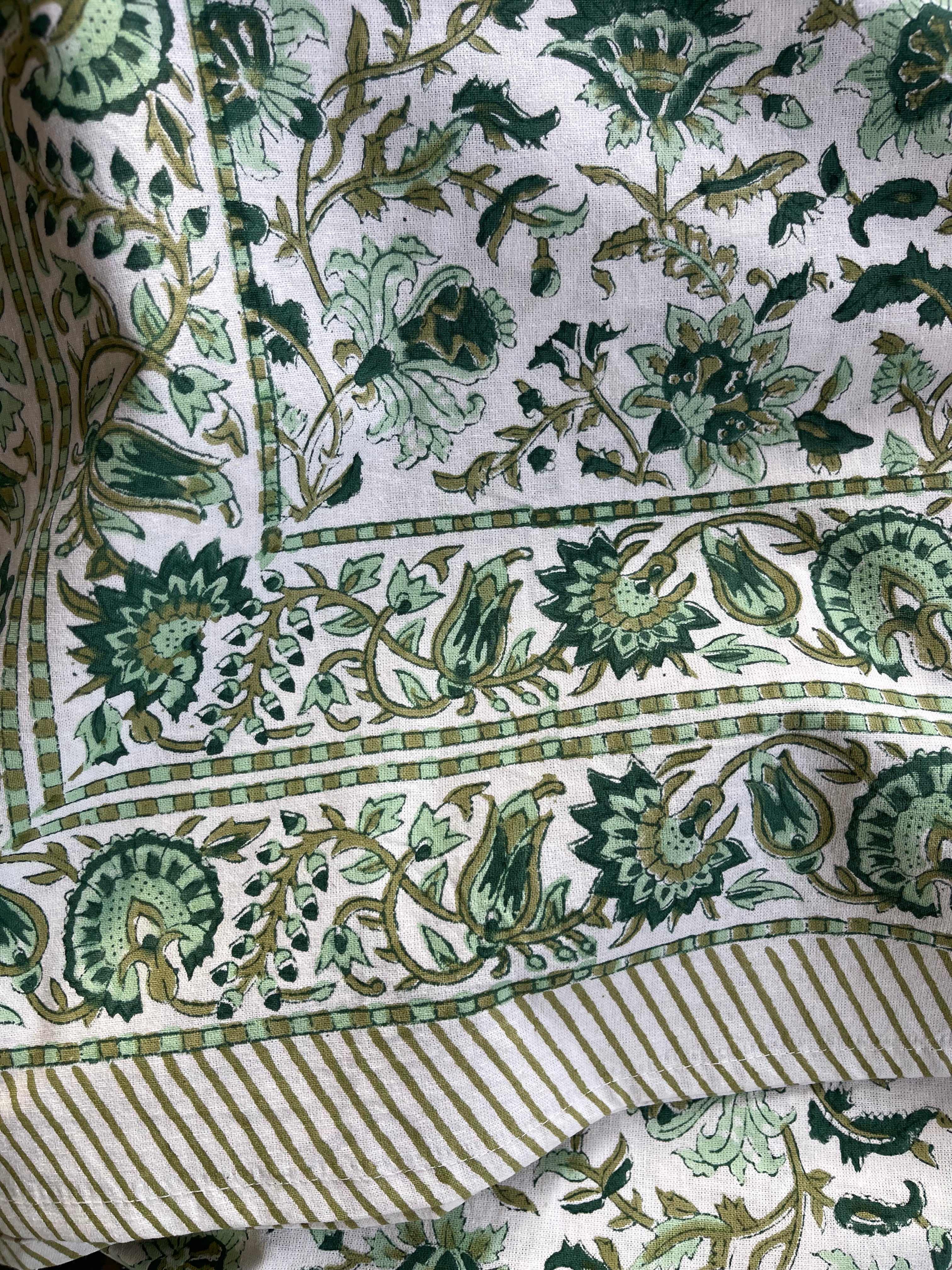 Handblock Printed Tablecloth Rectangular Long -  Fresh Green Botanica
