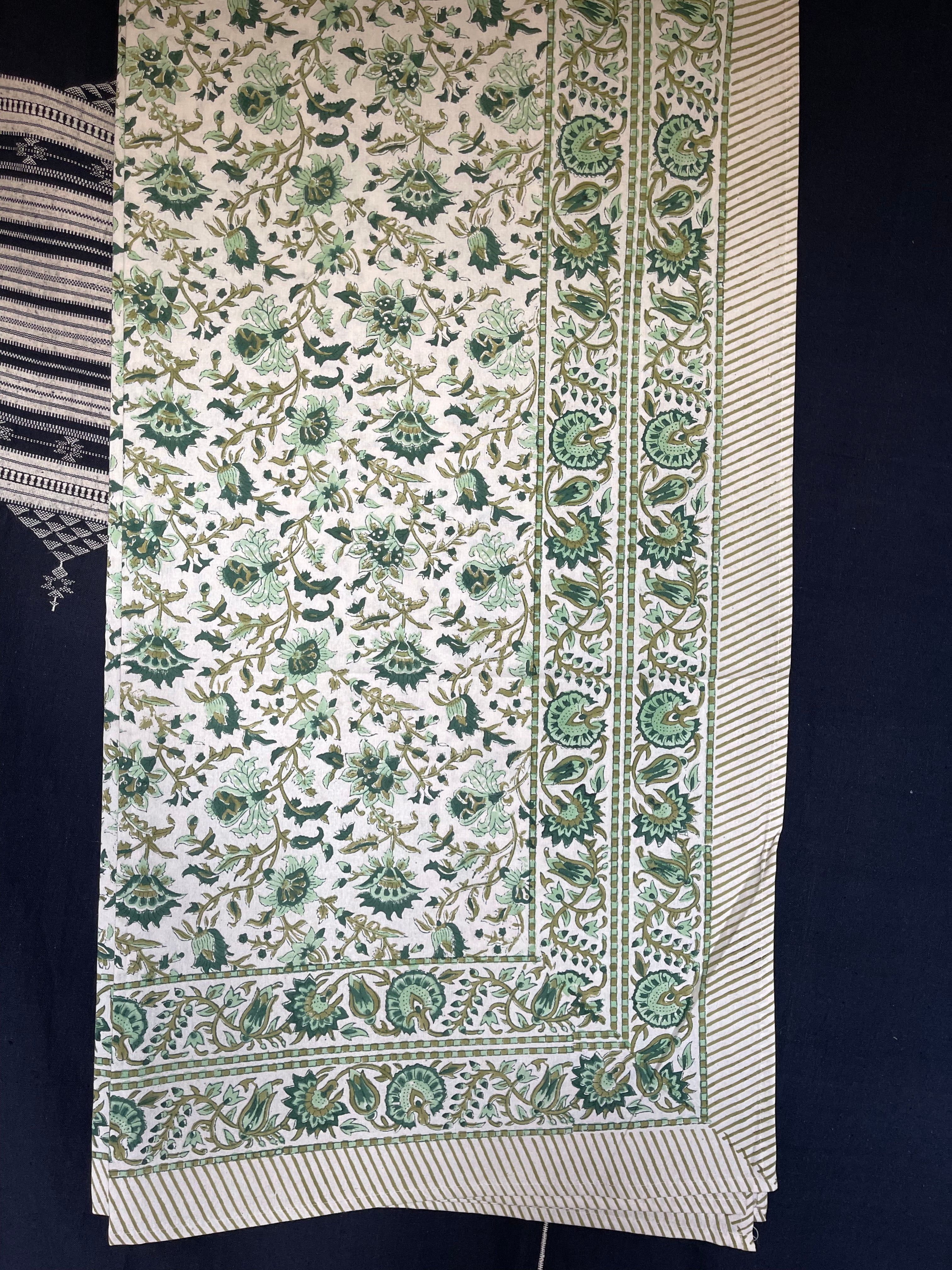 Handblock Printed Tablecloth Rectangular Long -  Fresh Green Botanica