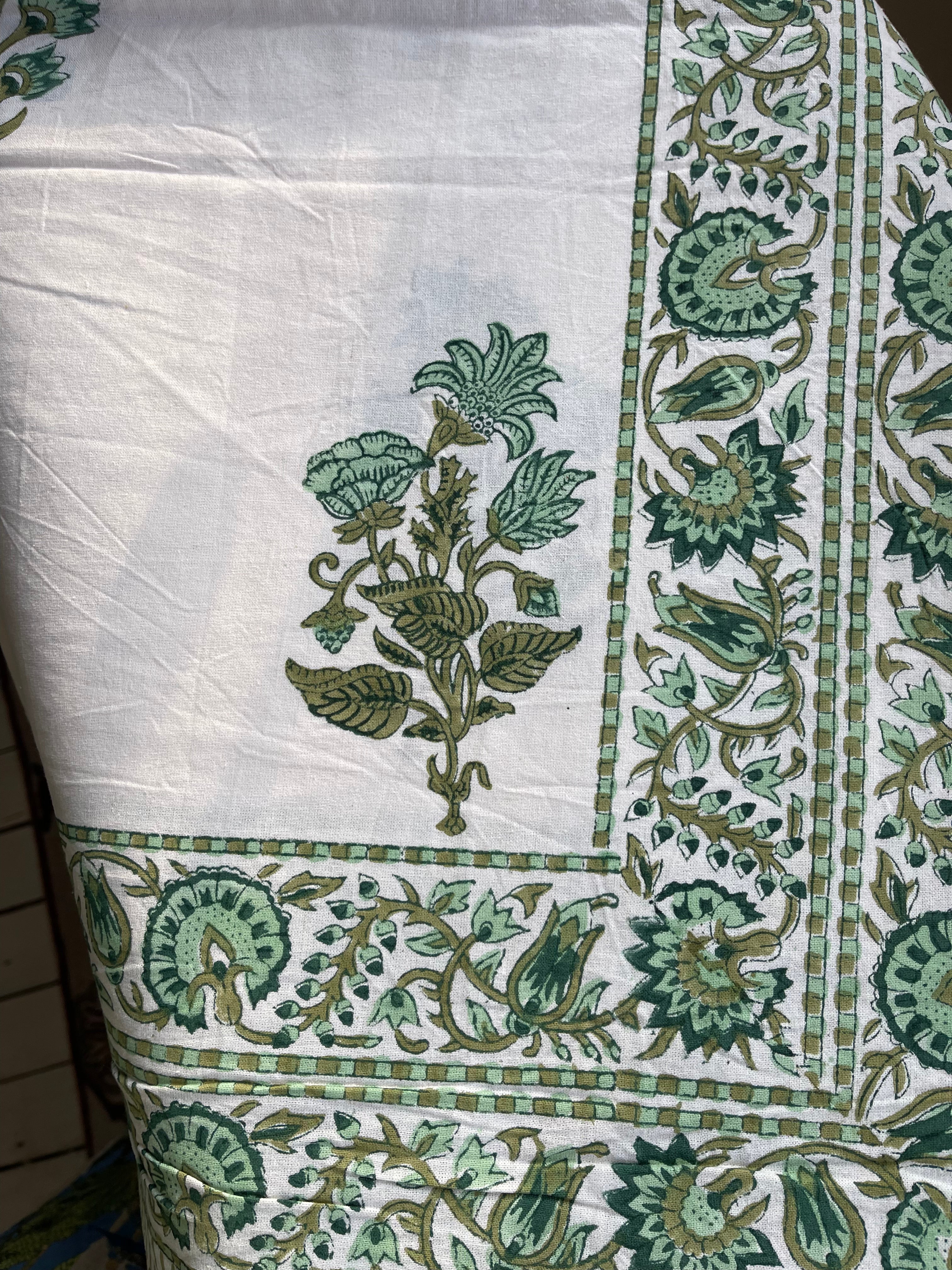 Handblock Printed Tablecloth Rectangular Long - Fresh Floral Green