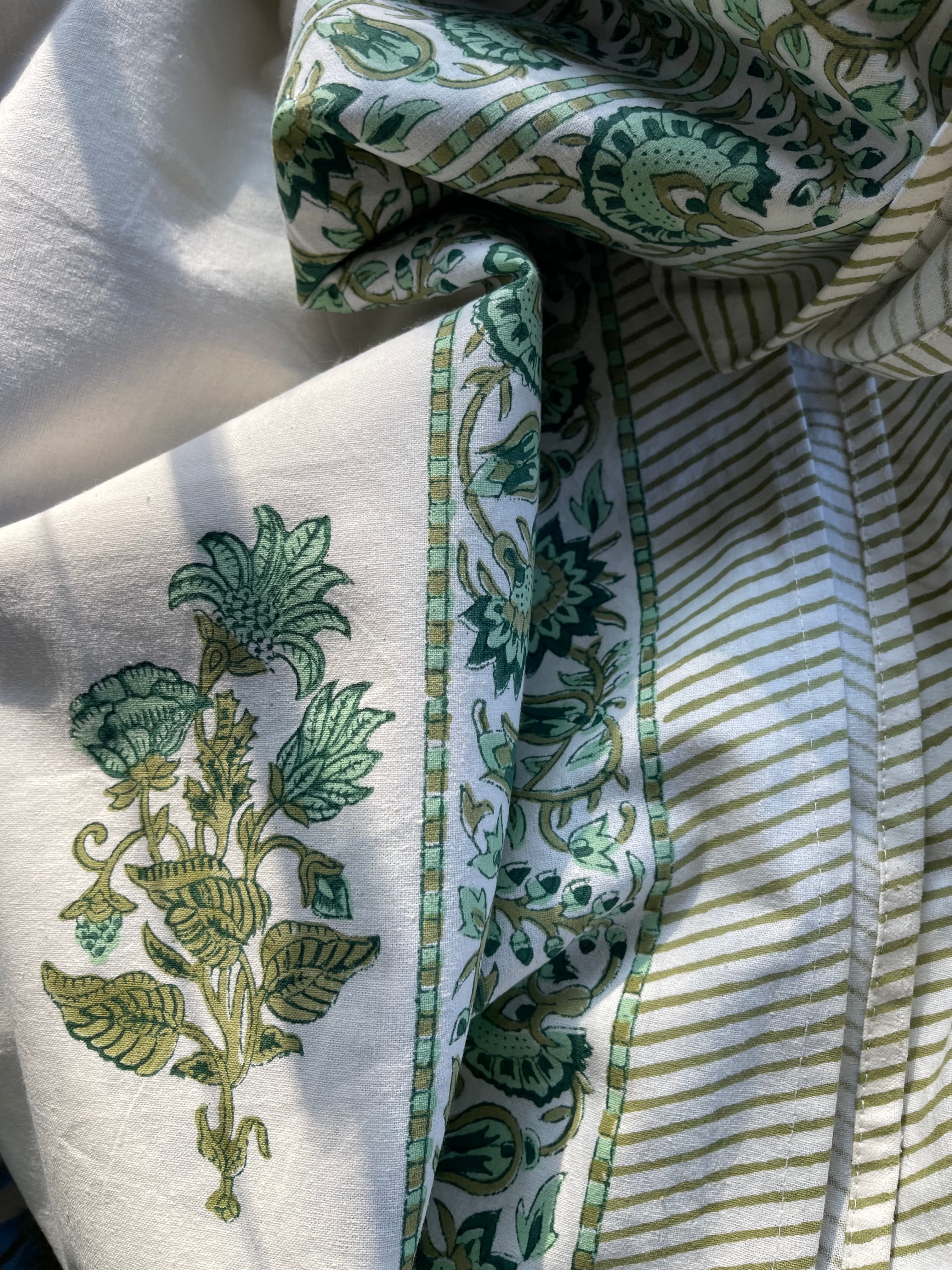Handblock Printed Tablecloth Rectangular Long - Fresh Floral Green