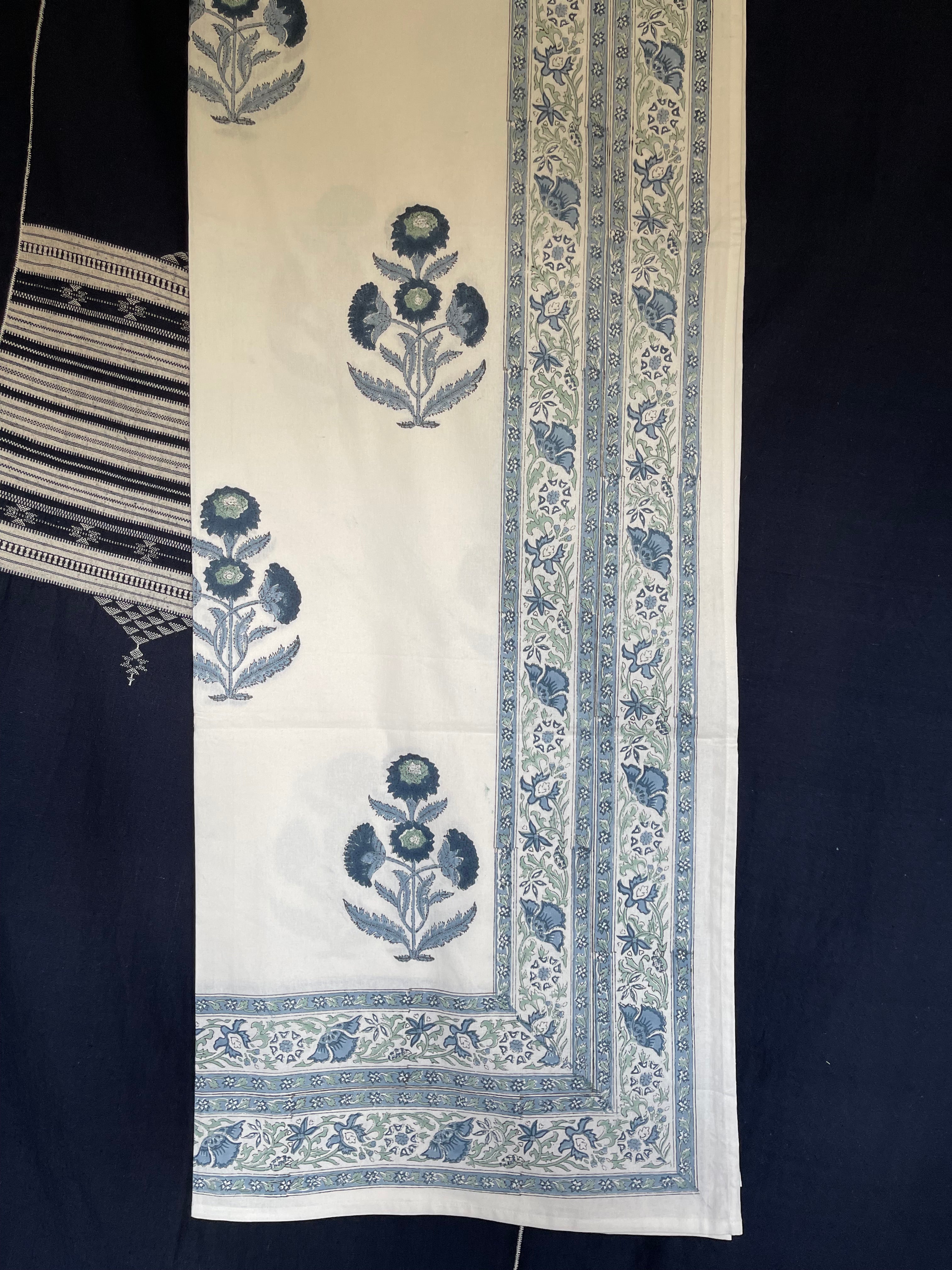 Handblock Printed Tablecloth Rectangular Long - Blue Marigold