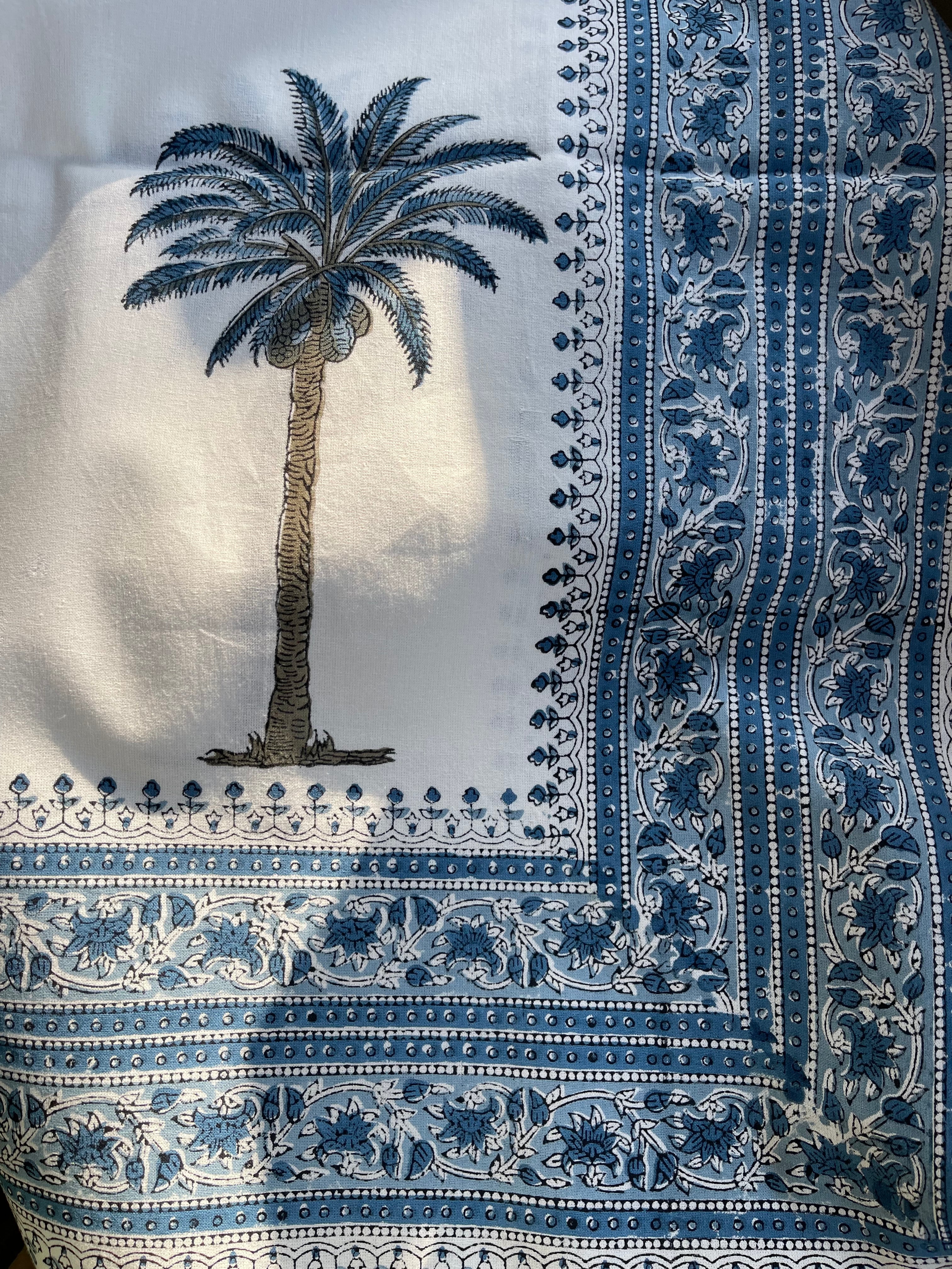 Handblock Printed Tablecloth Rectangular Long - Coconut Palm Blue