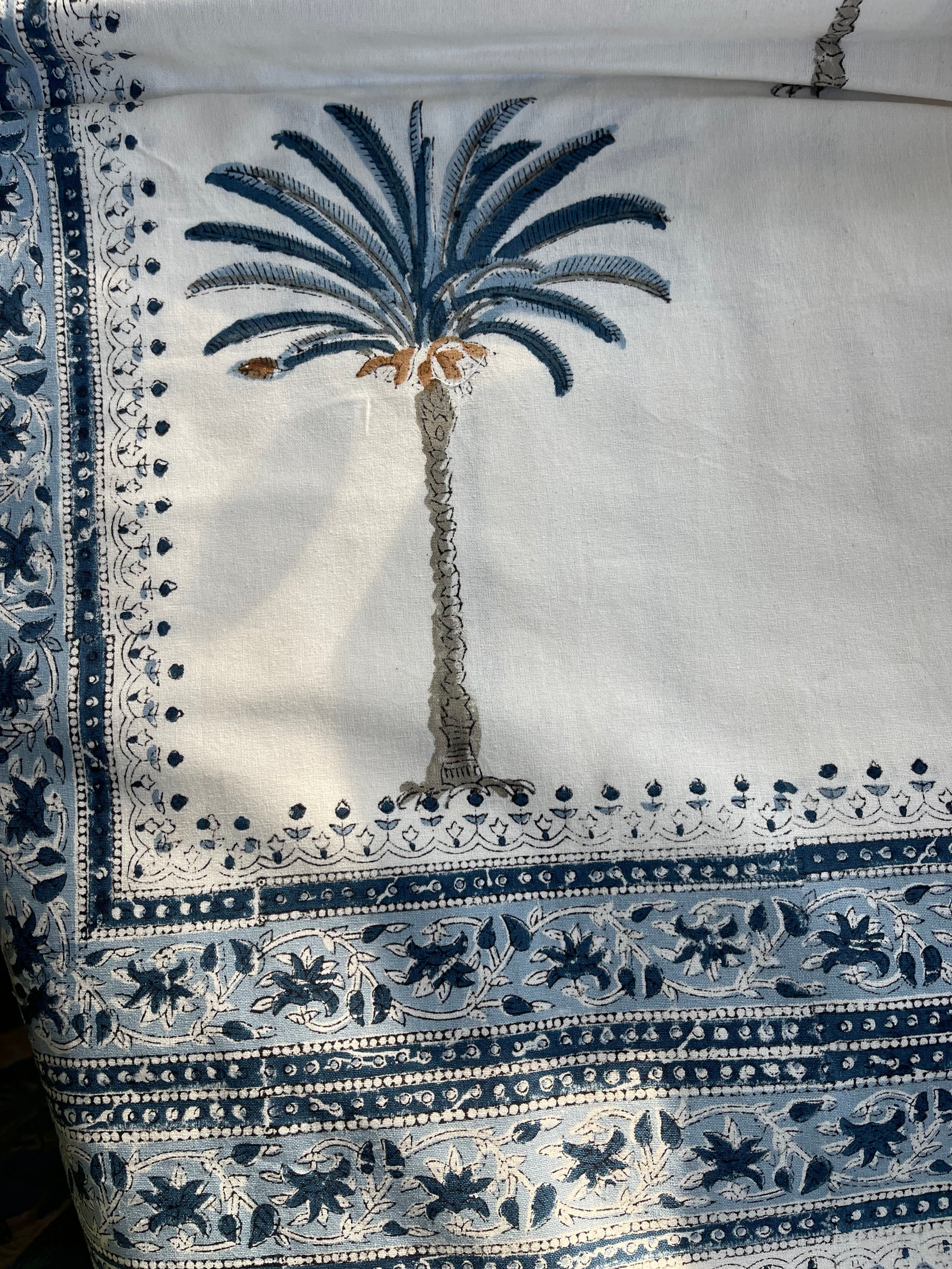 Handblock Printed Tablecloth Rectangular Long - Date Palm Blue