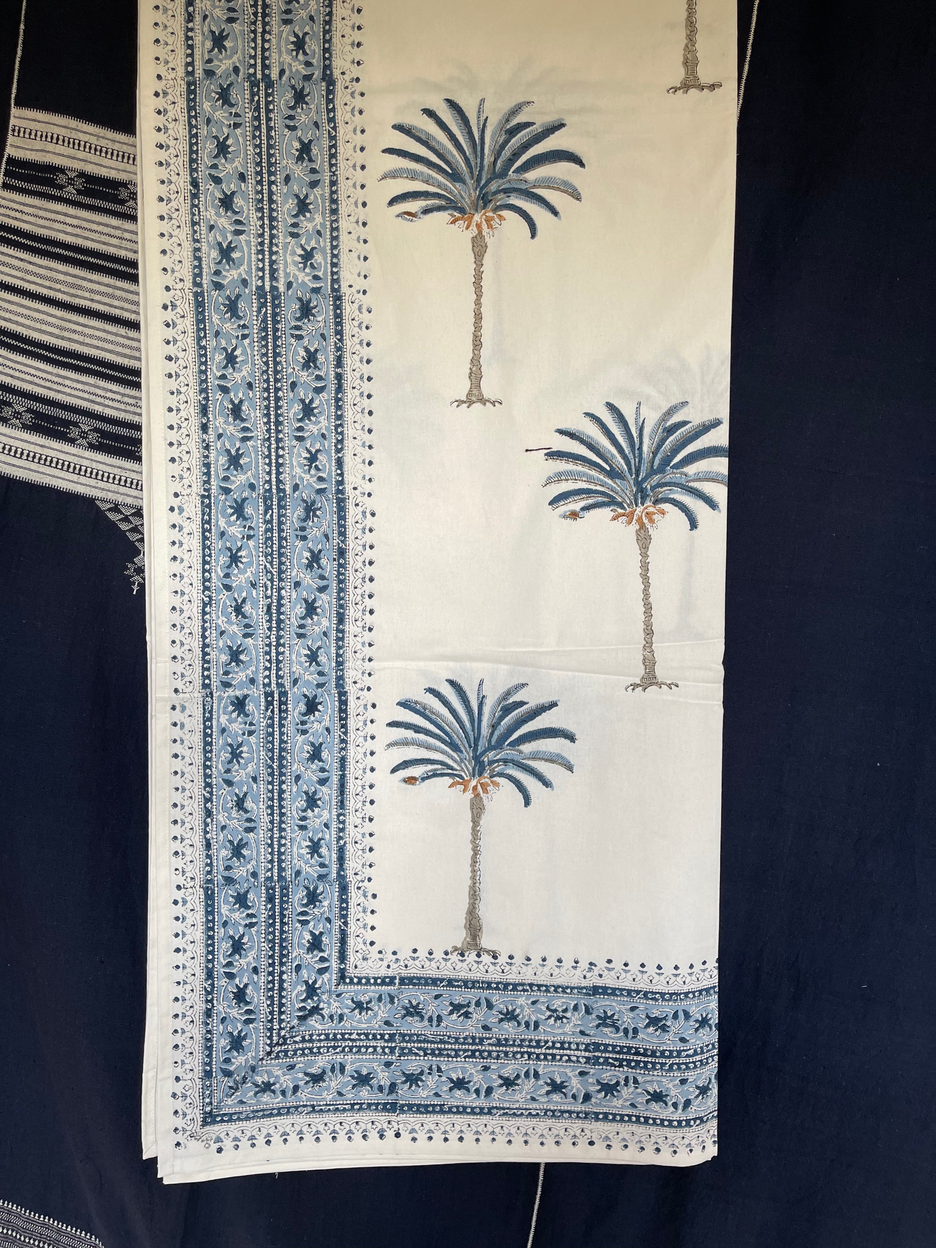 Handblock Printed Tablecloth Rectangular - Date Palm Blue