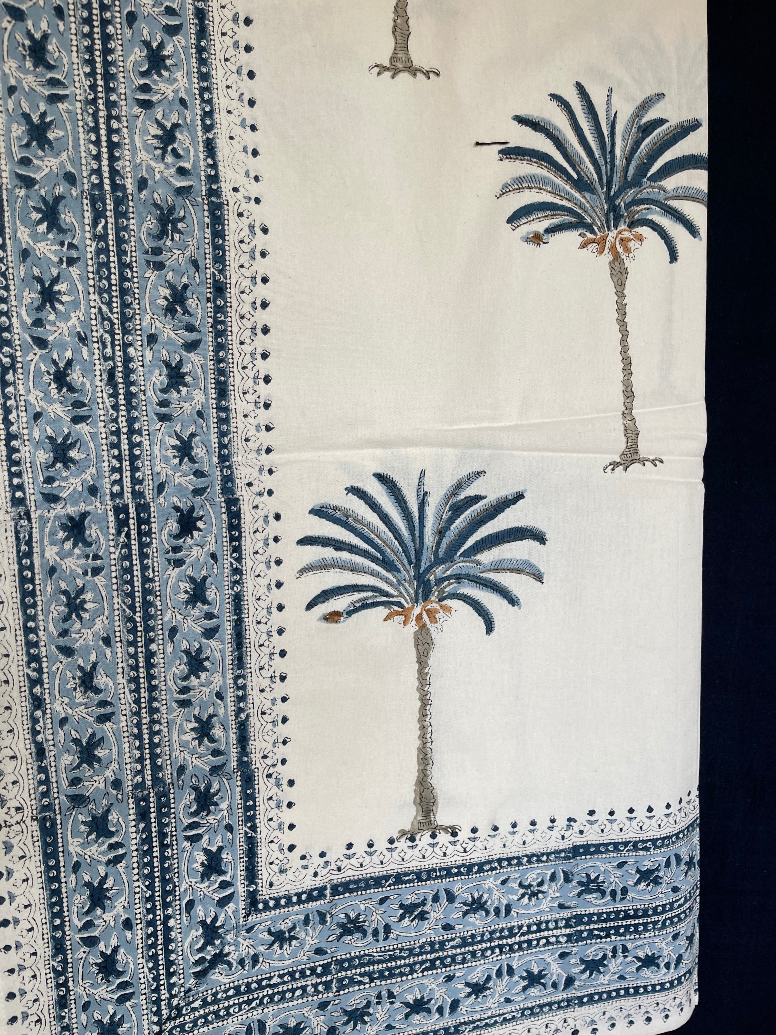 Handblock Printed Tablecloth Rectangular Long - Date Palm Blue