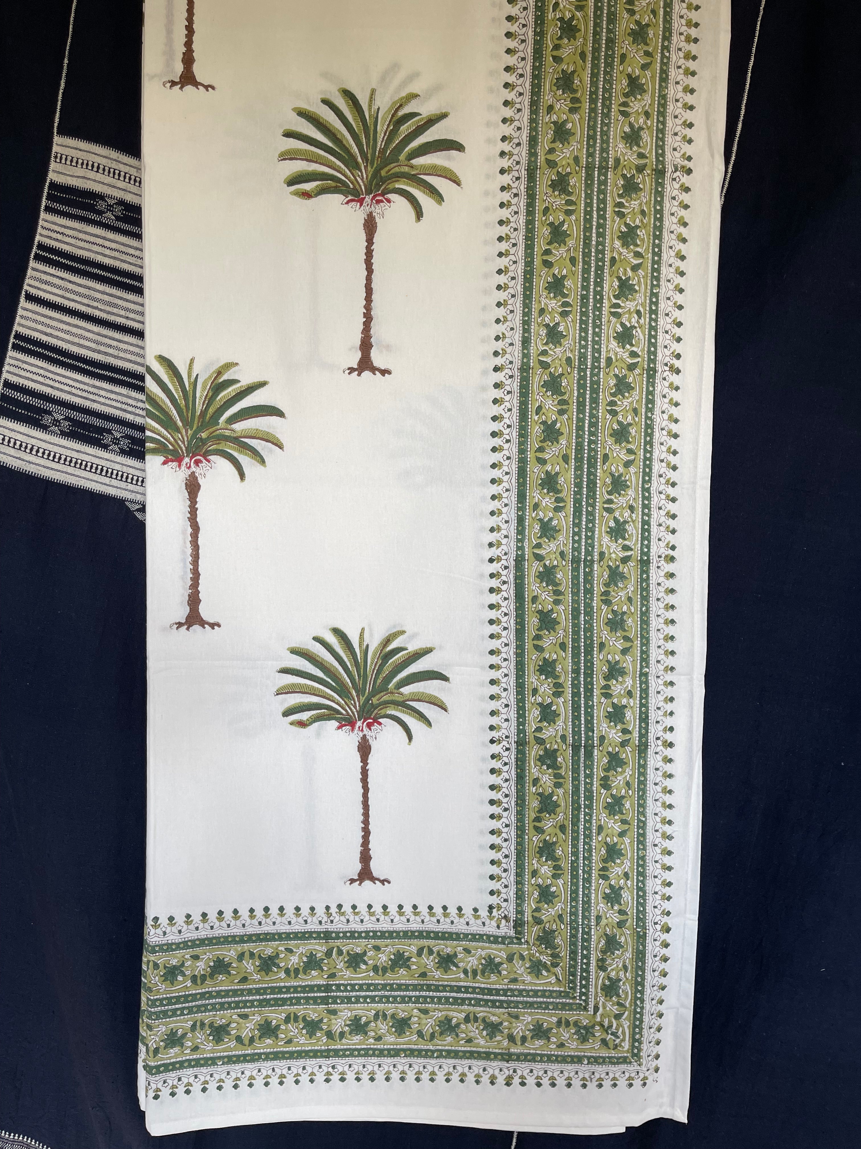 Handblock Printed Tablecloth Rectangular - Date Palm Green