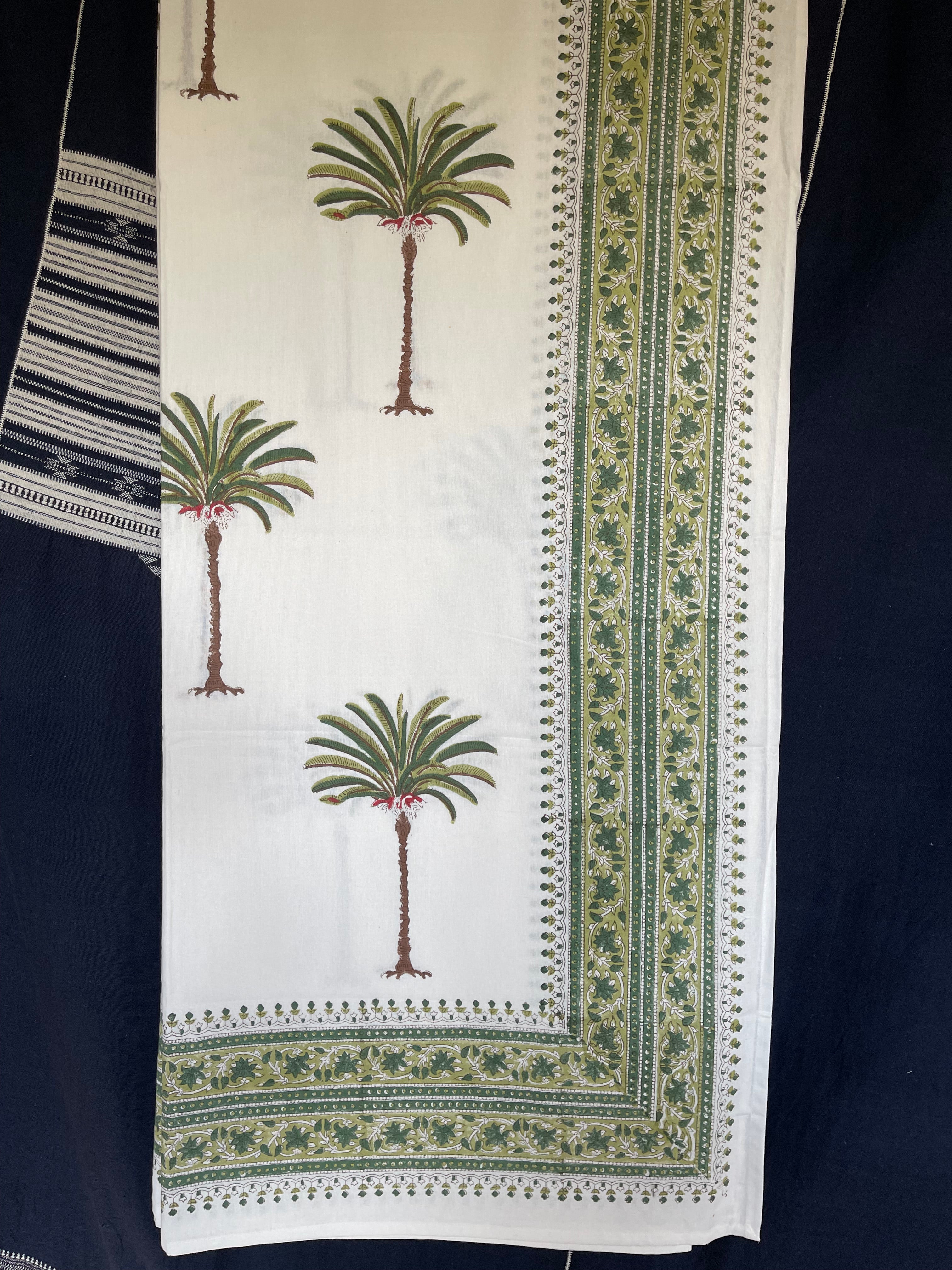 Handblock Printed Tablecloth Rectangular Long - Green Palm