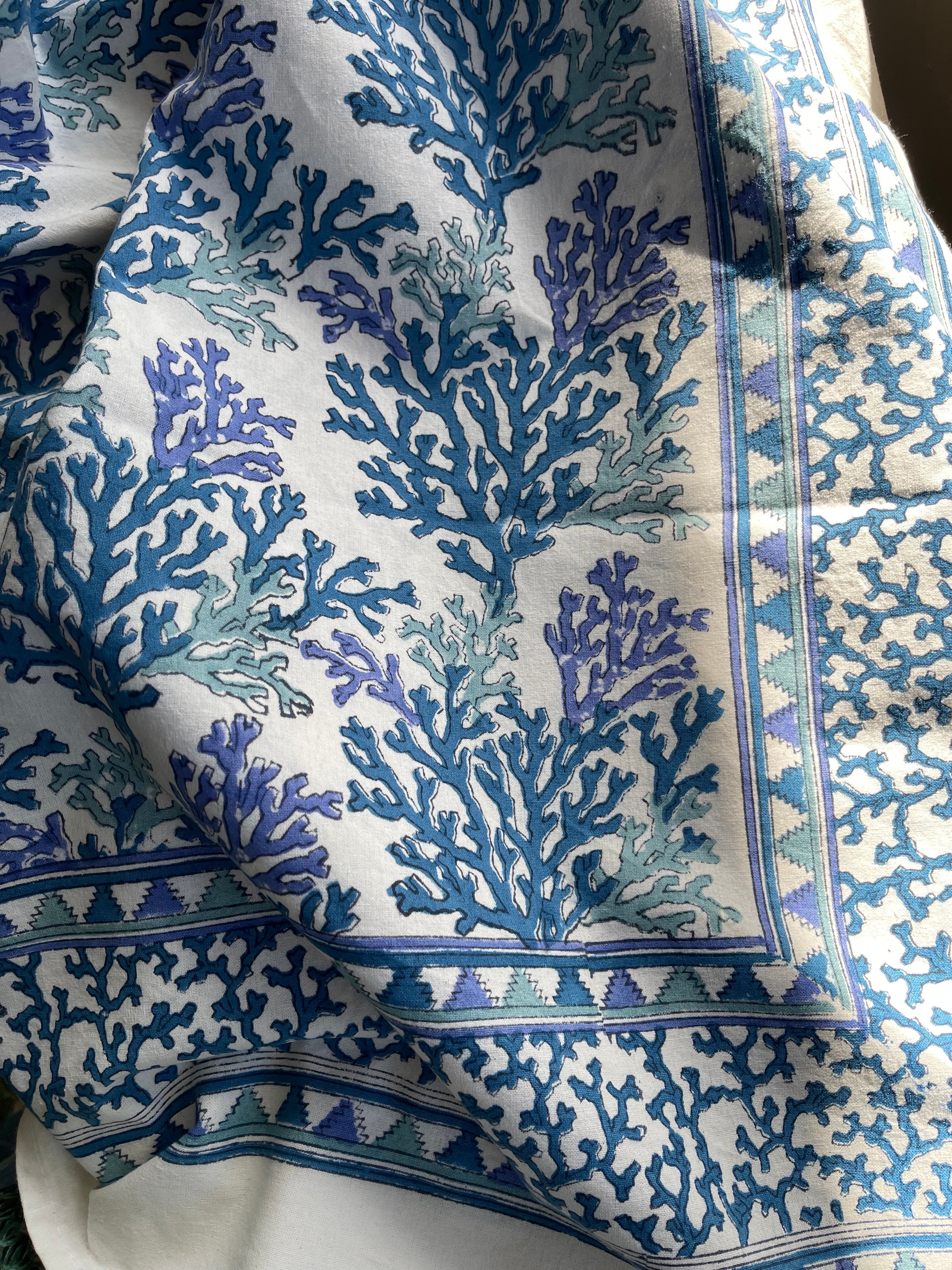 Handblock Printed Tablecloth Rectangular - Coral Blue