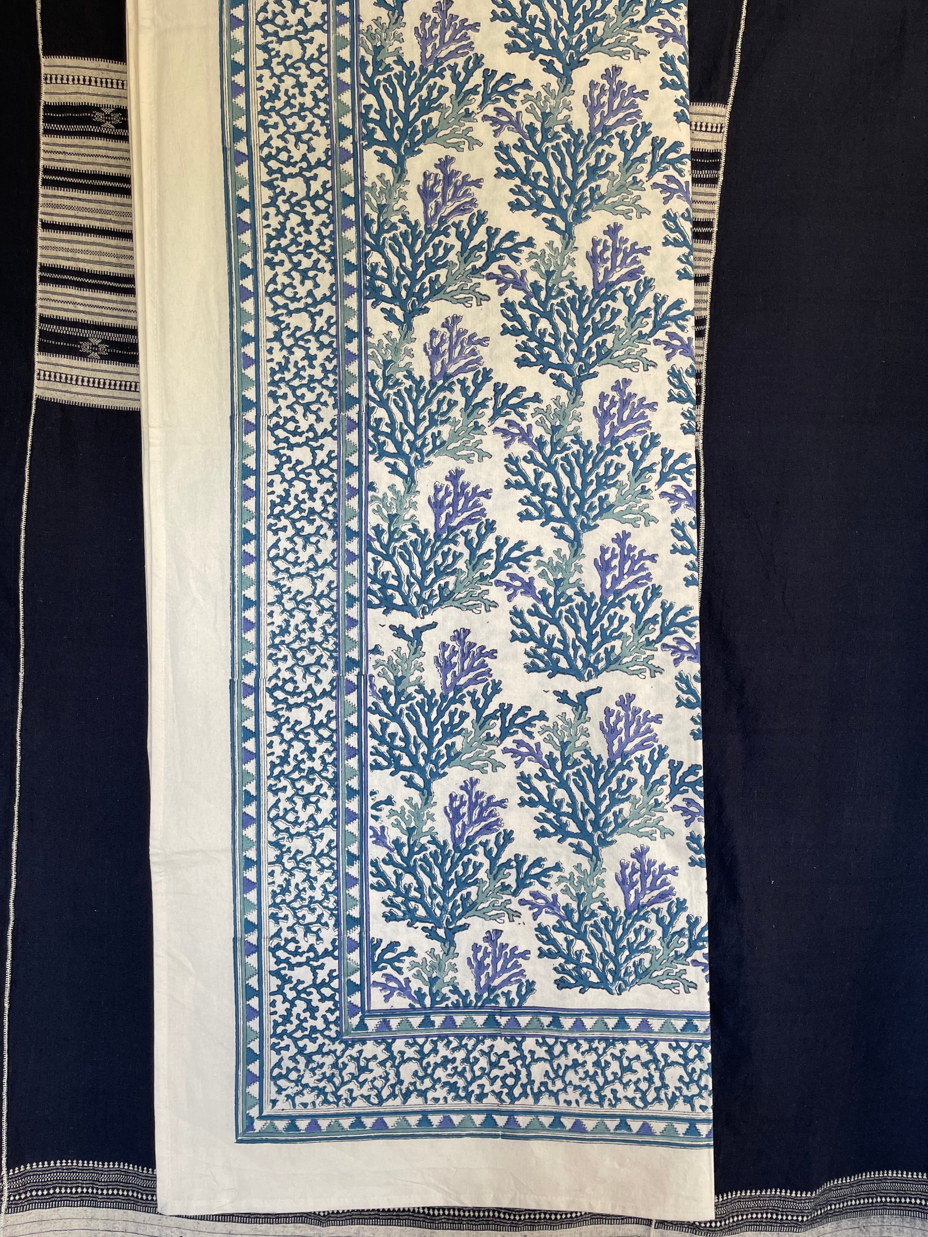 Handblock Printed Tablecloth Rectangular - Coral Blue