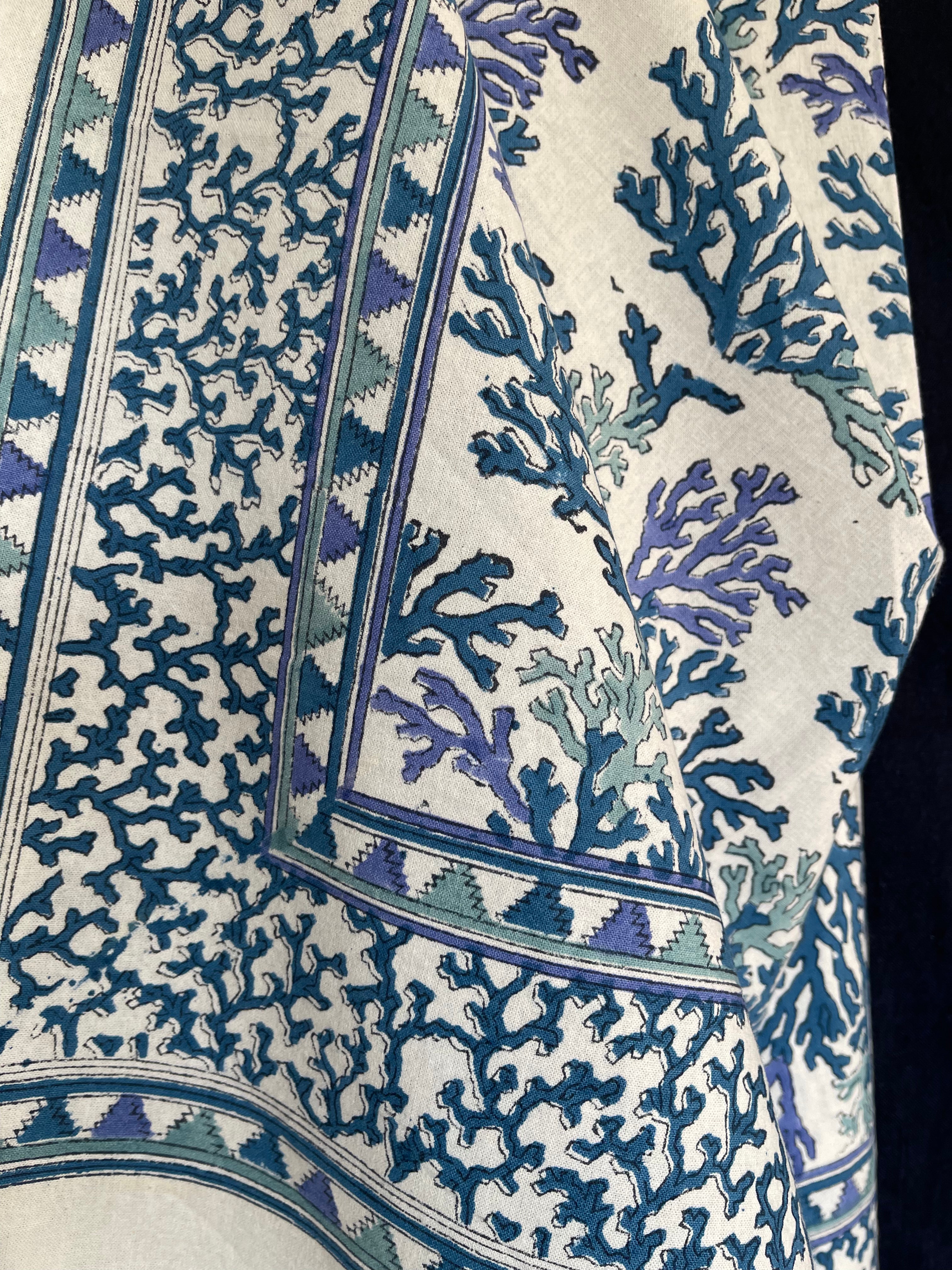 Handblock Printed Tablecloth Rectangular - Coral Blue