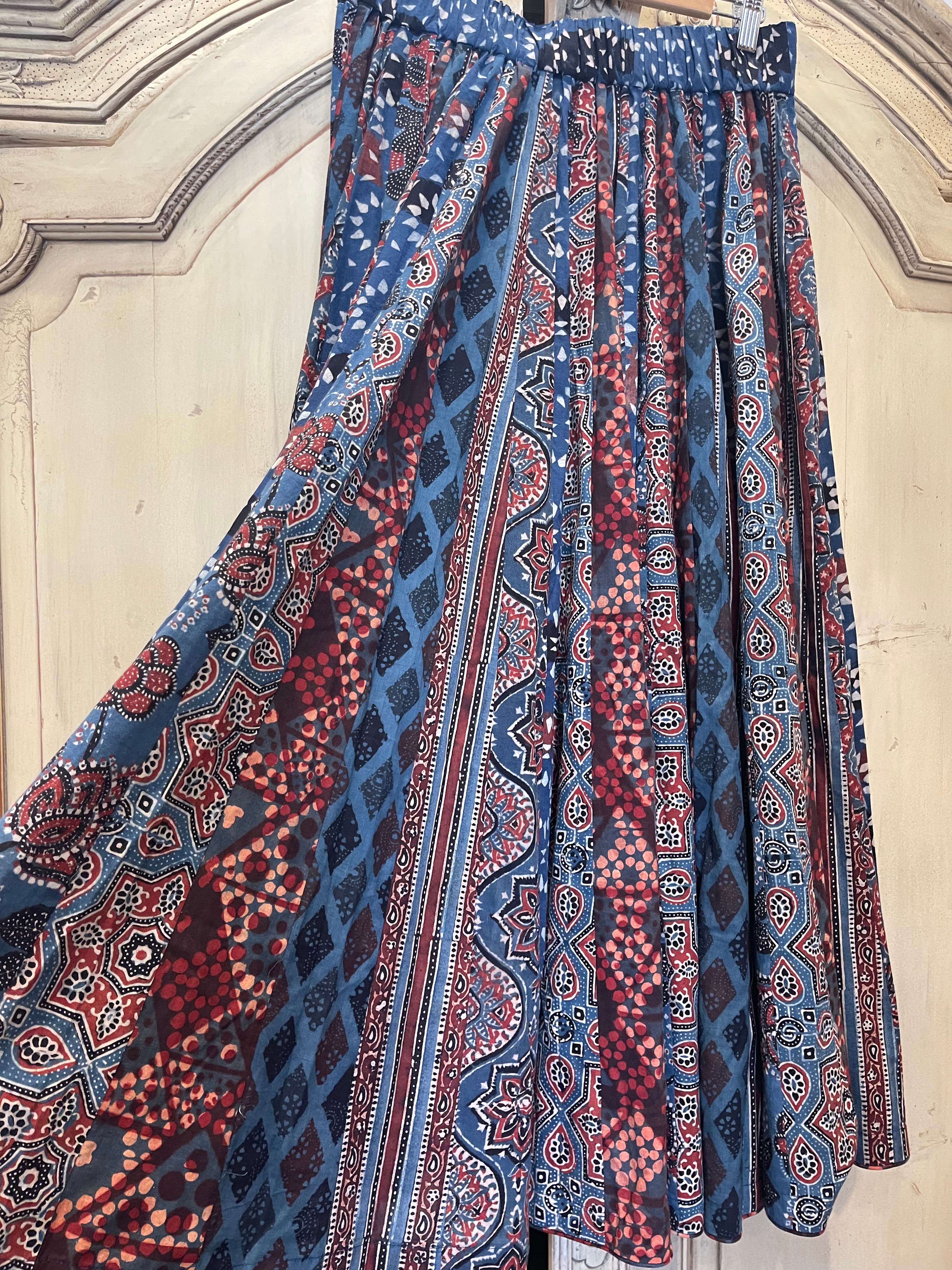 Handblock Printed Panelled Skirt- Ajrakh Blue S