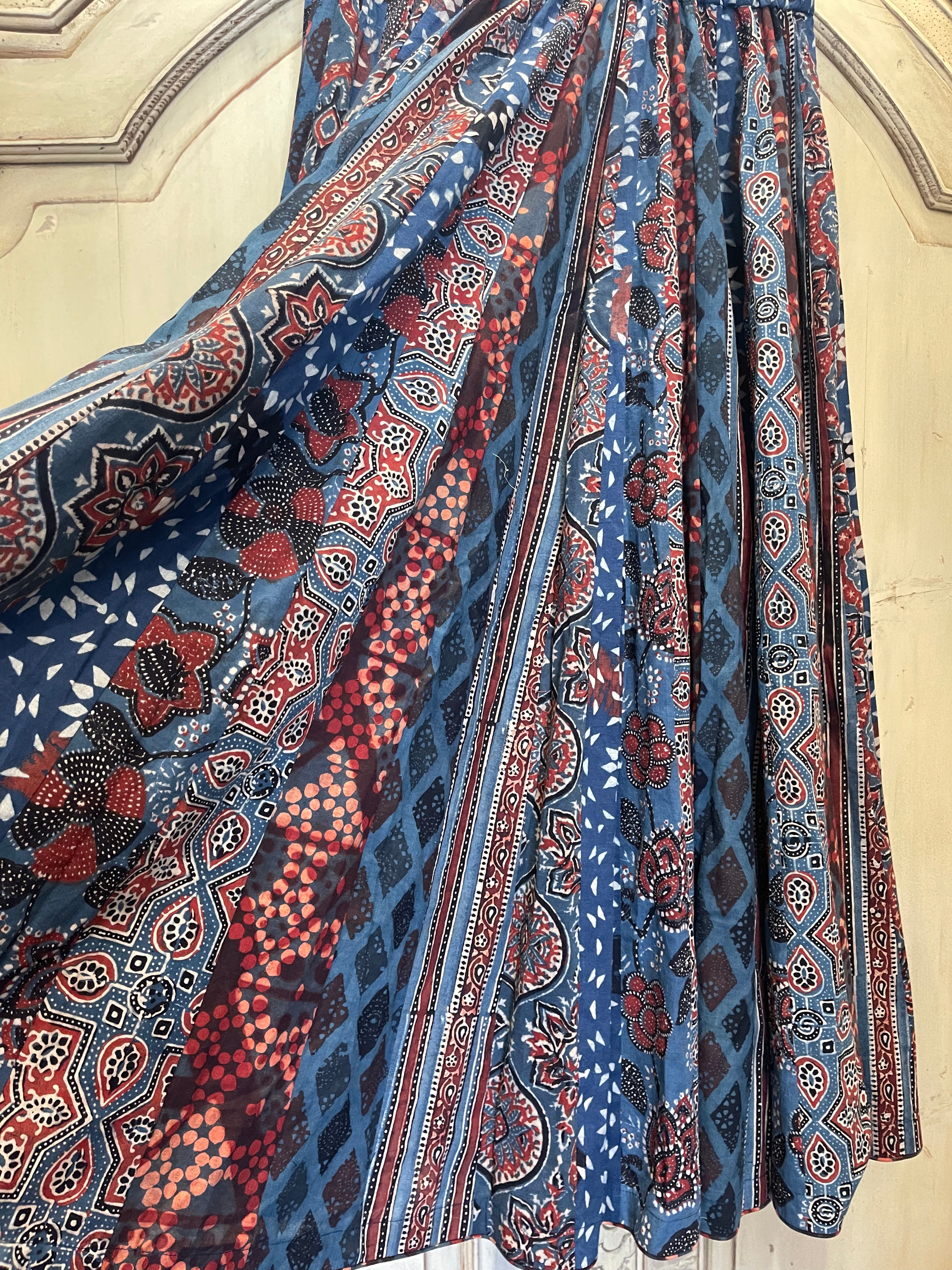 Handblock Printed Panelled Skirt- Ajrakh Blue S