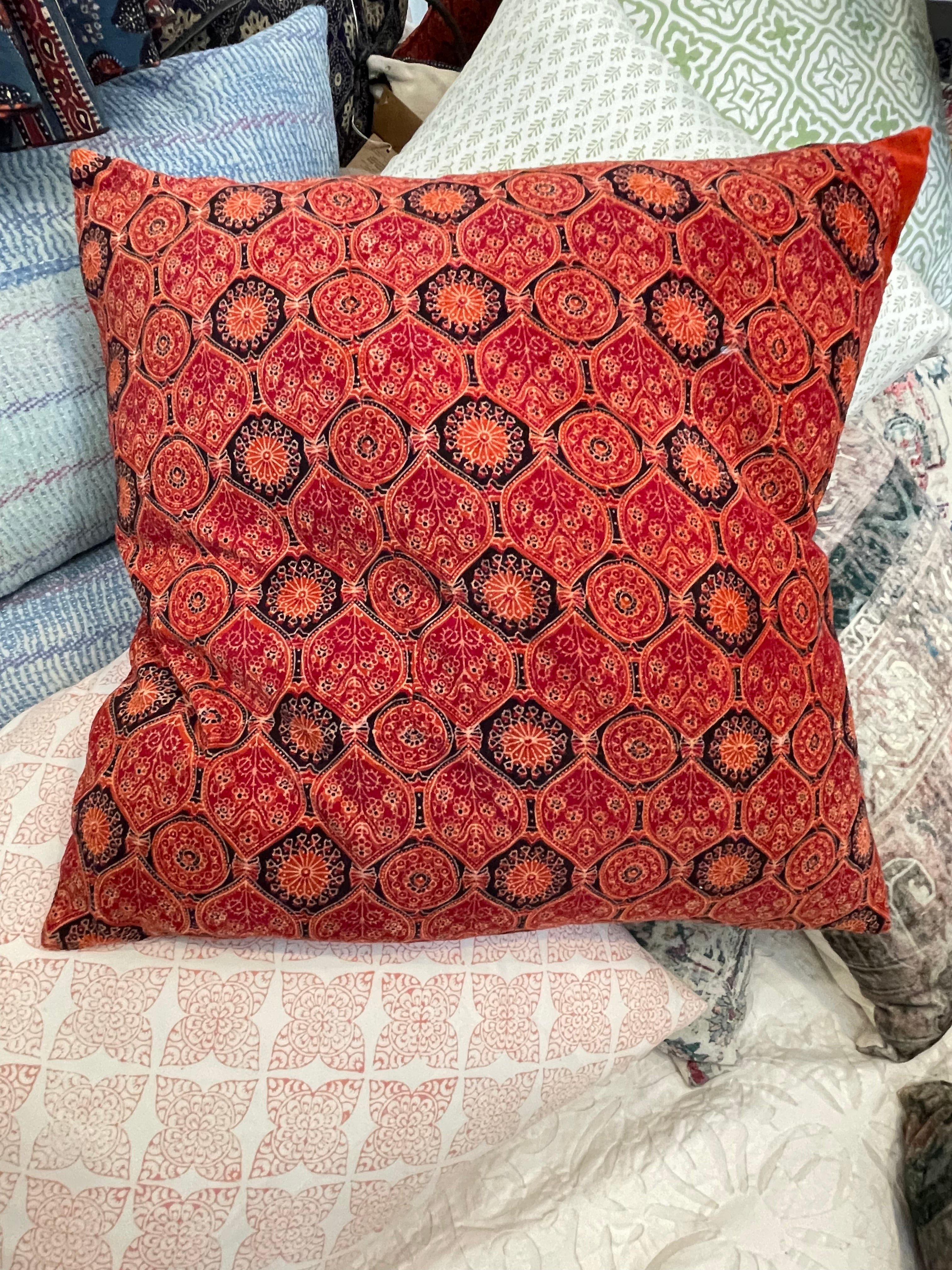 Ajrakh Velvet Cushion - Persimmon Tile