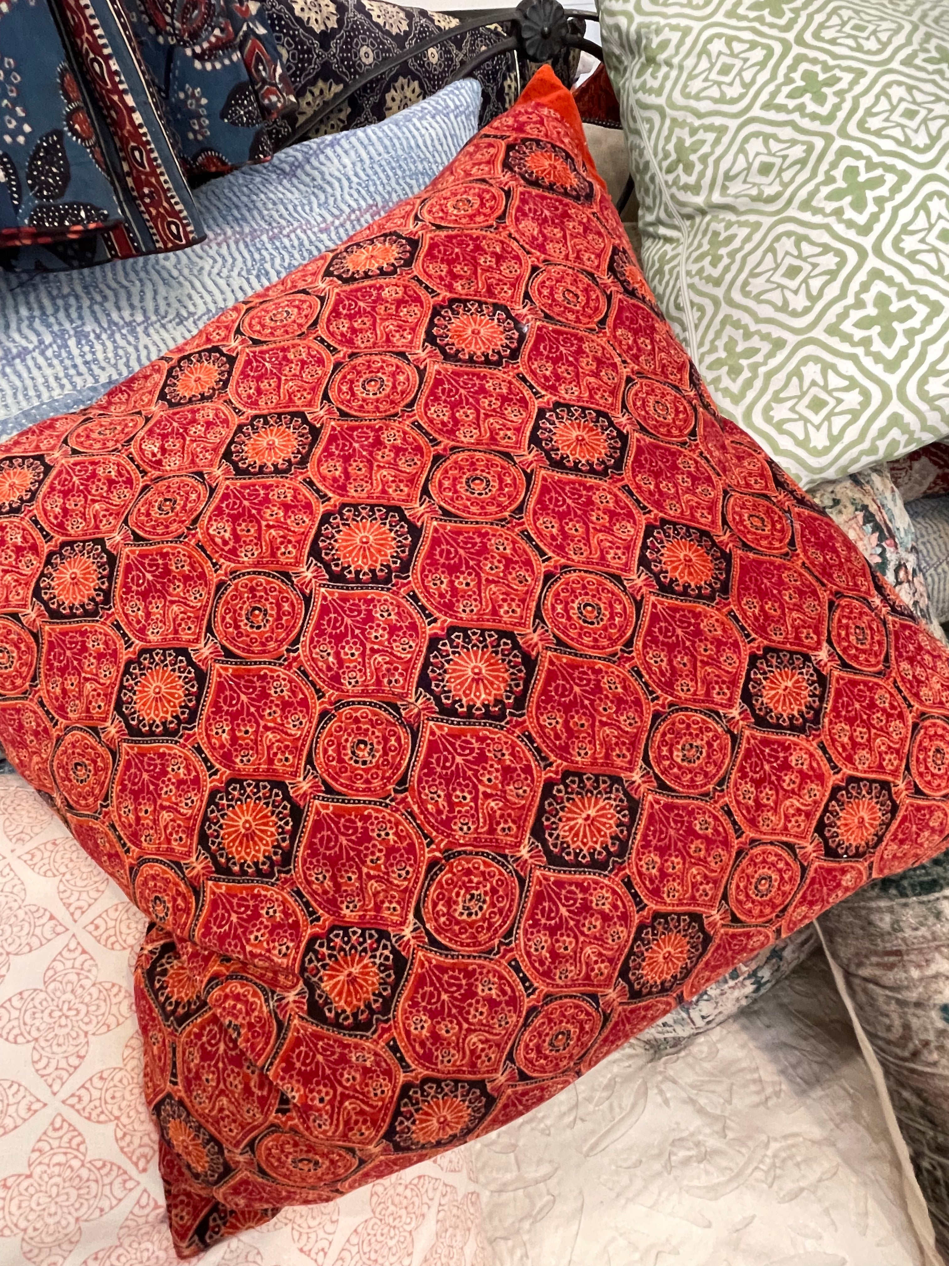 Ajrakh Velvet Cushion - Persimmon Tile