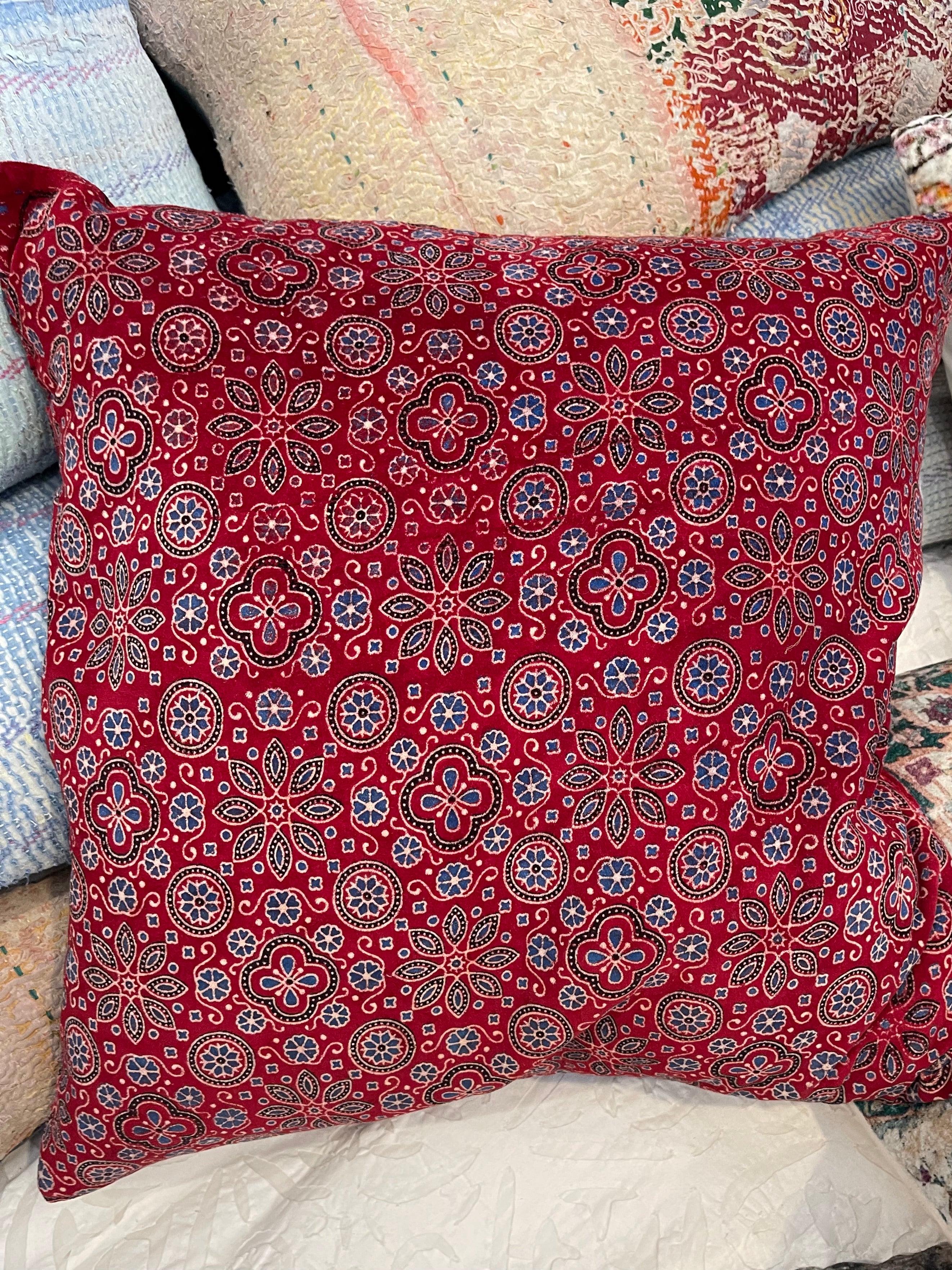 Ajrakh Velvet Cushion -  Red Flower