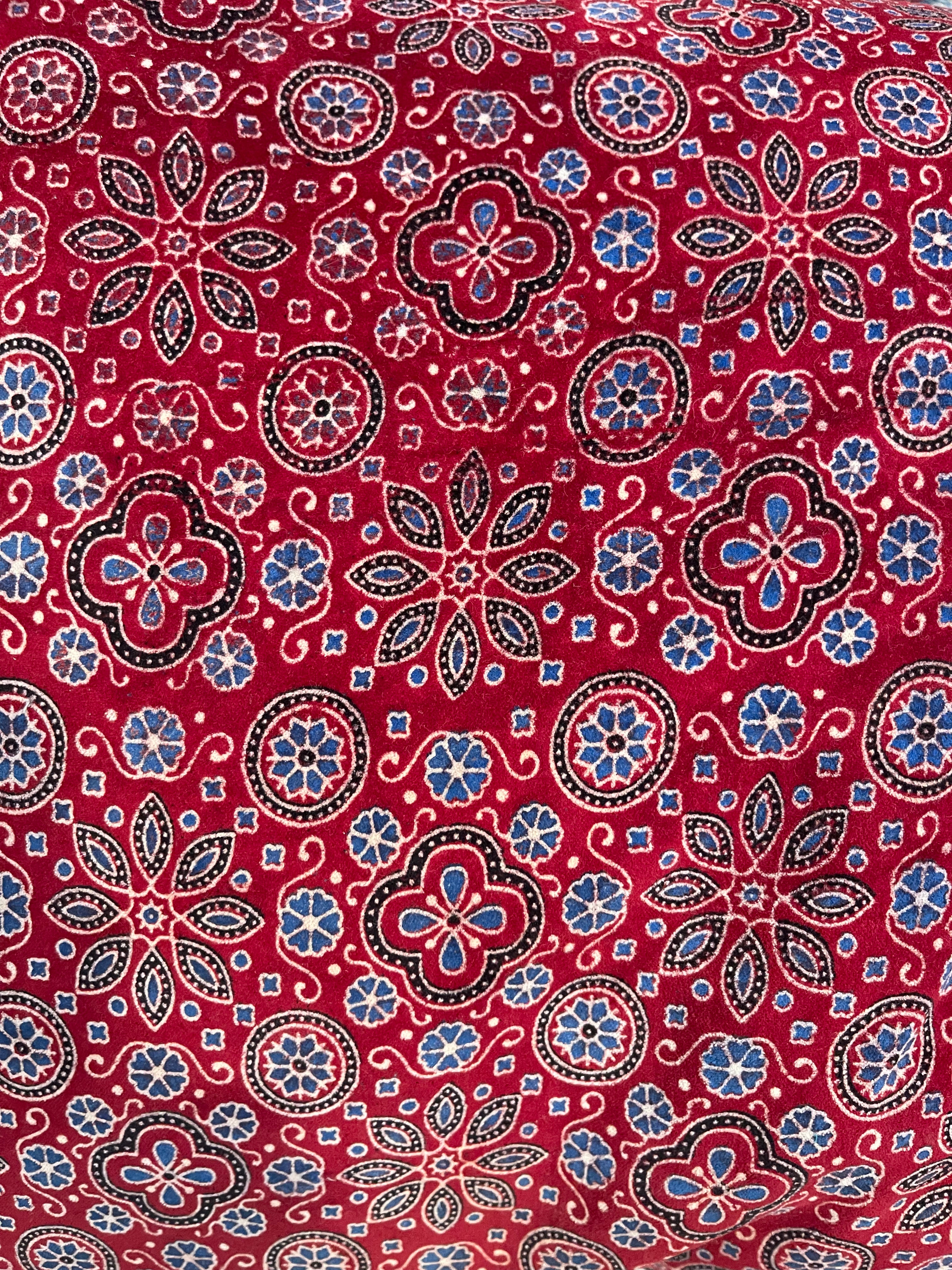 Ajrakh Velvet Cushion - Red Flower