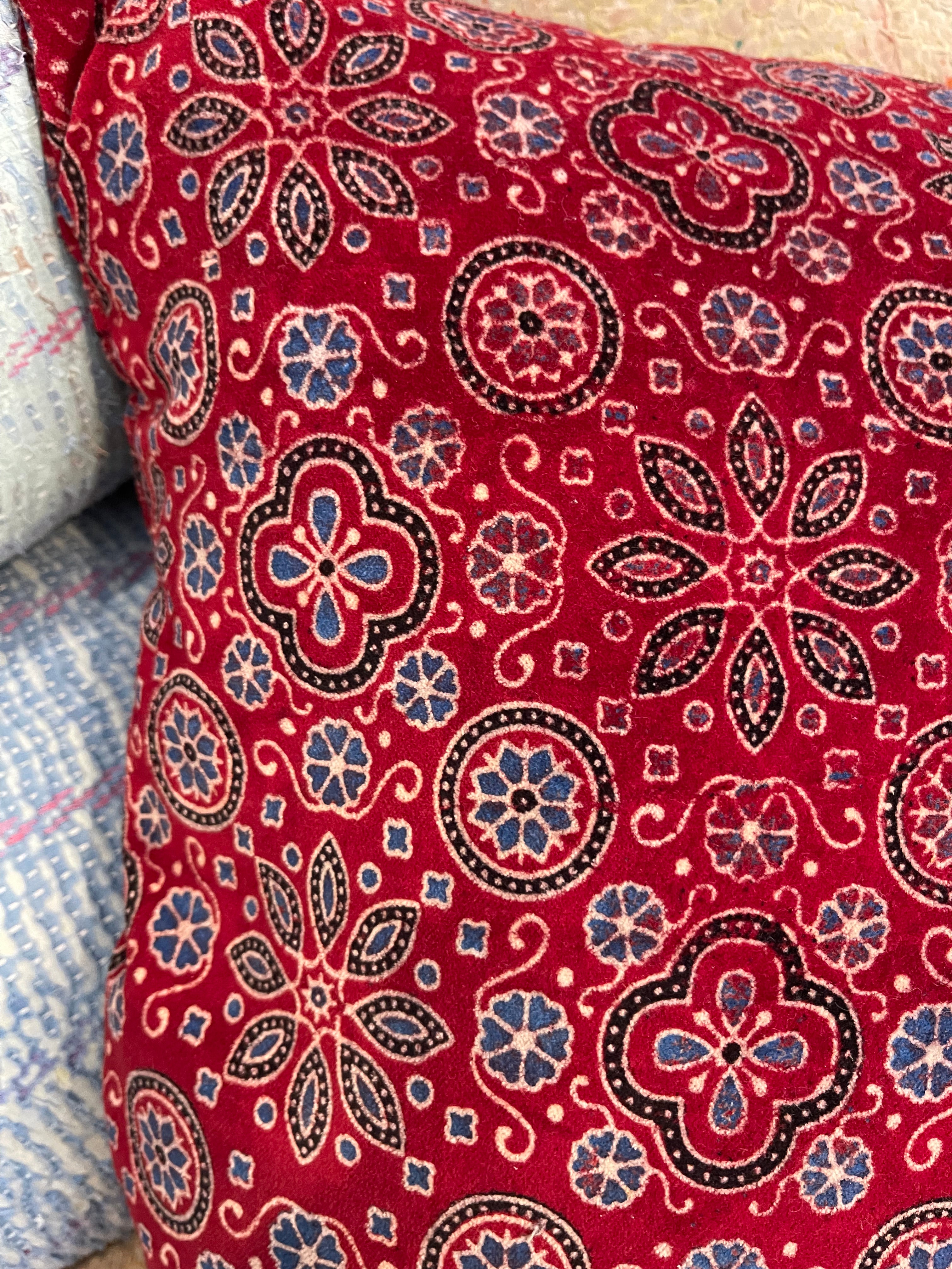 Ajrakh Velvet Cushion - Red Flower