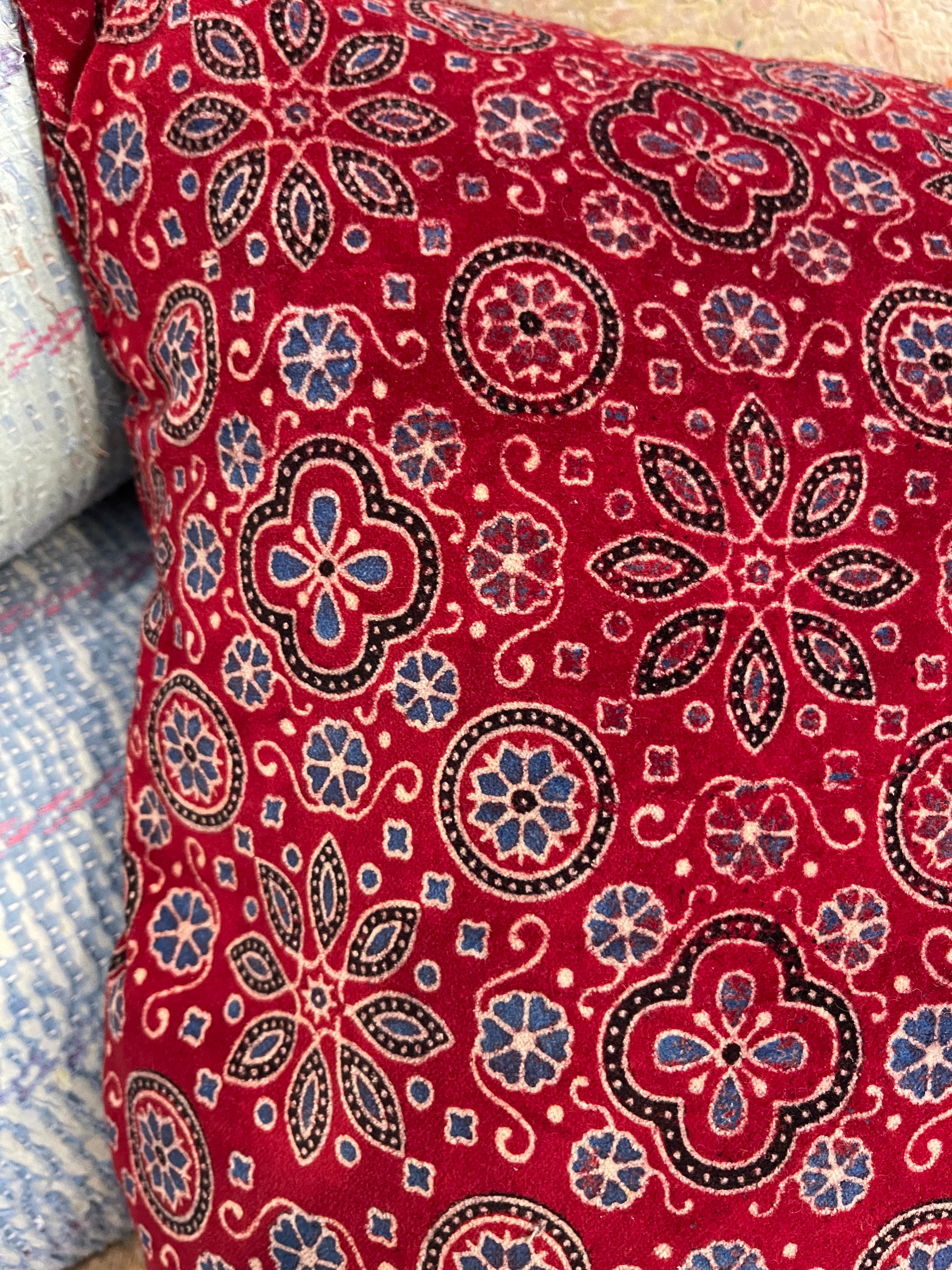 Ajrakh Velvet Cushion -  Red Flower