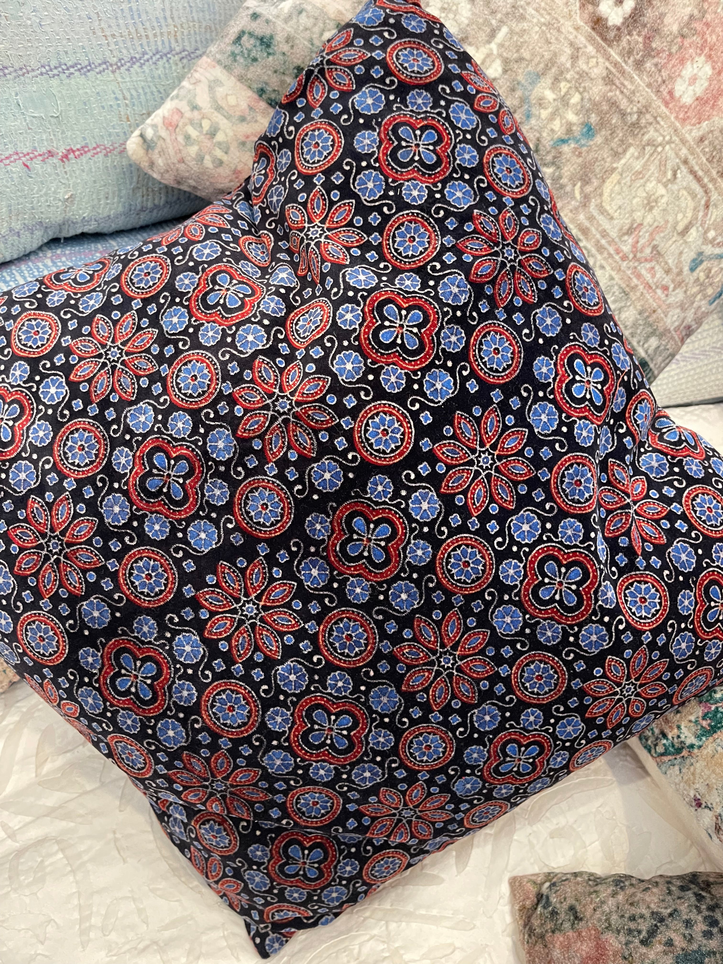 Ajrakh Velvet Cushion - Blue Flower