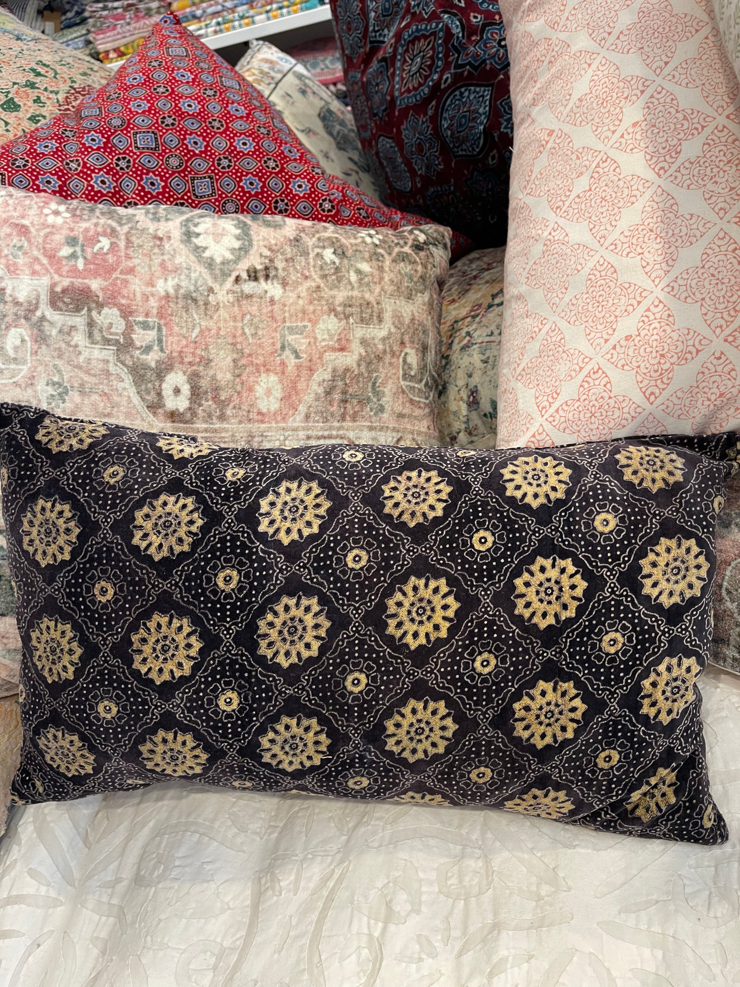 Ajrakh Velvet Cushion - Night Flowers