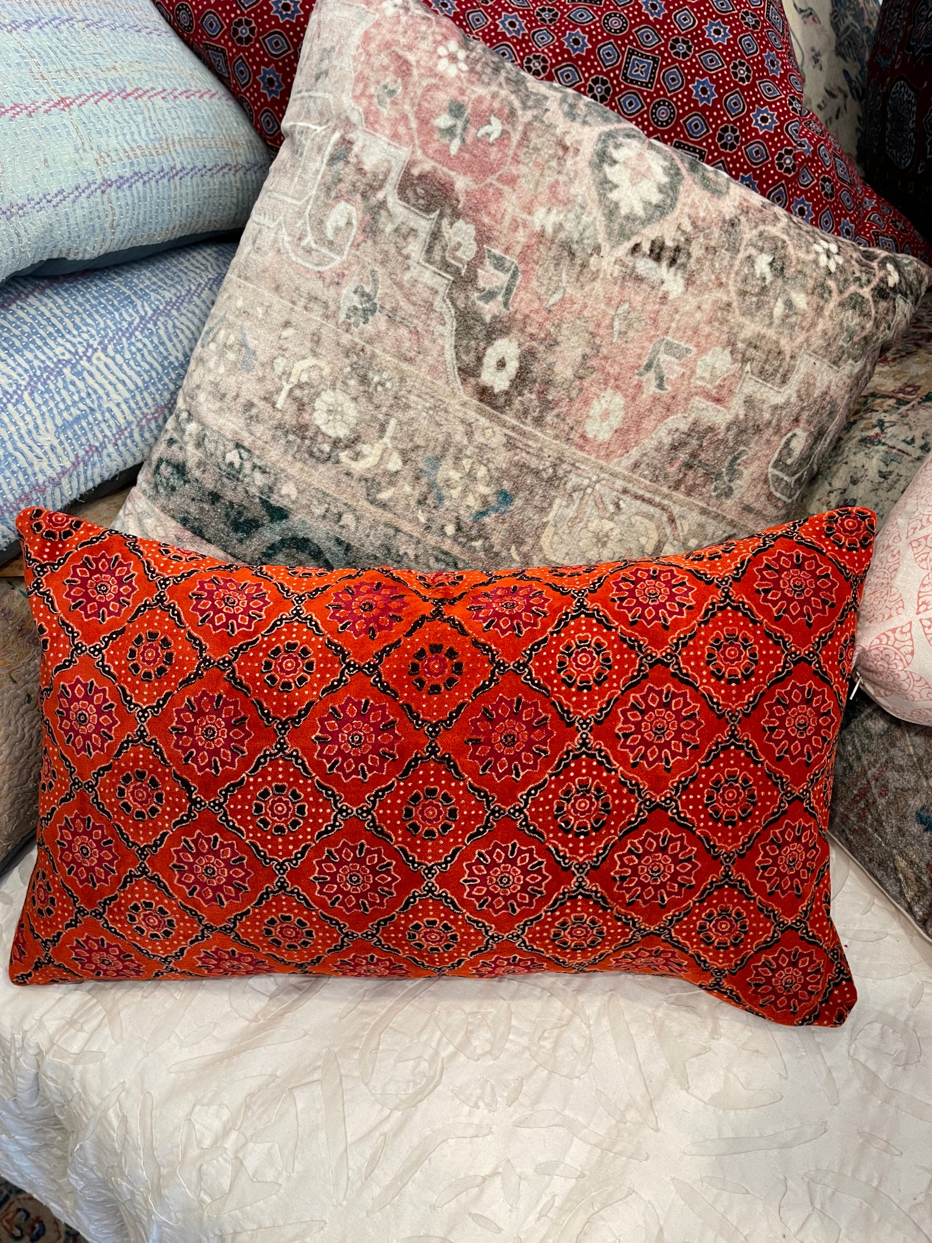 Ajrakh Velvet Cushion - Pomegranate Flower