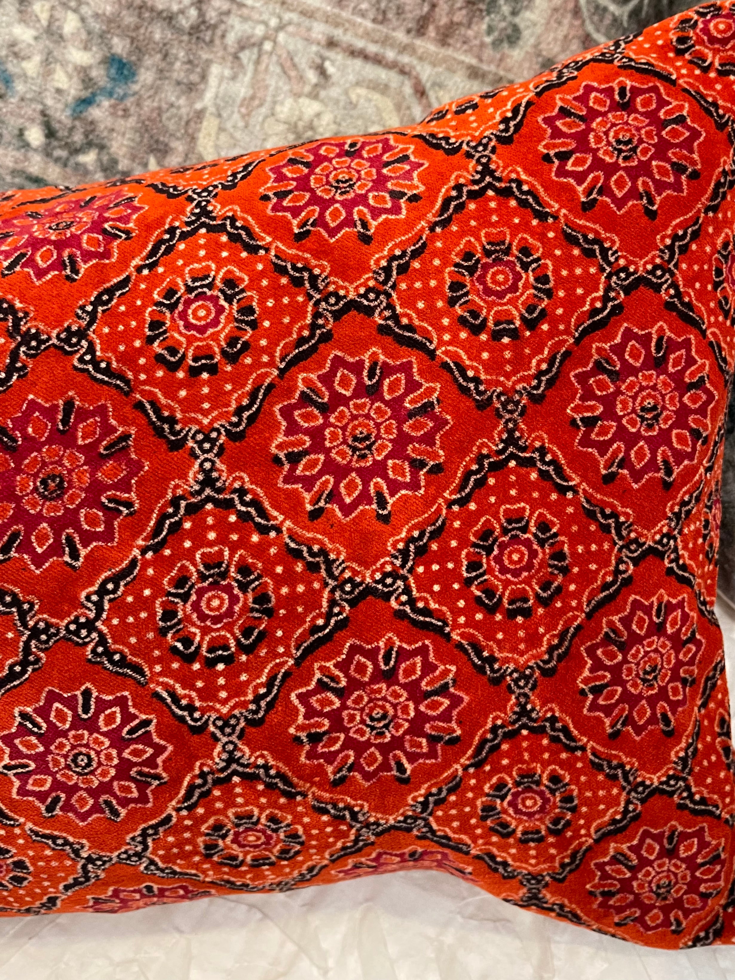 Ajrakh Velvet Cushion - Pomegranate Flower
