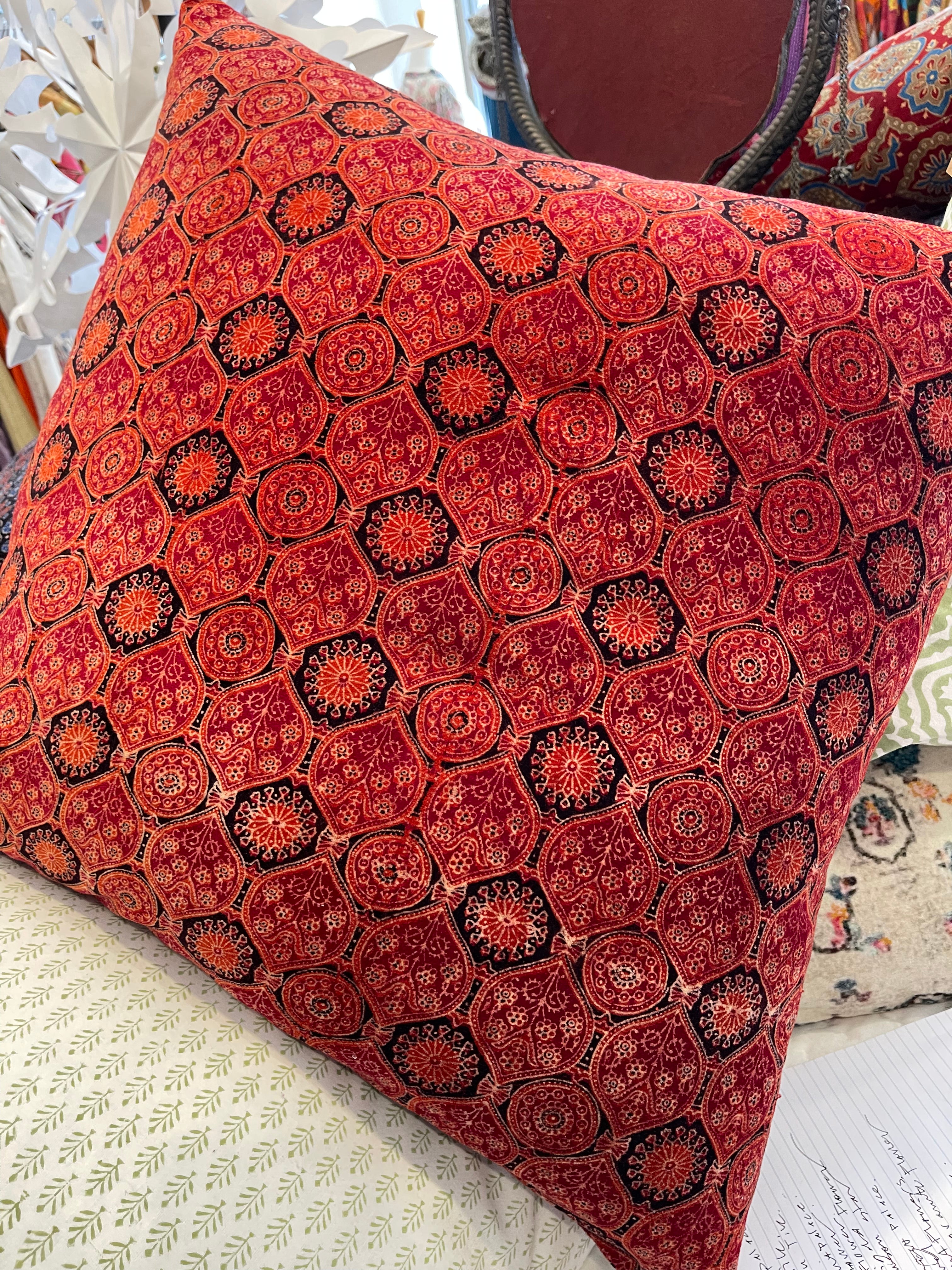 Ajrakh Velvet Cushion - Persimmon Tile