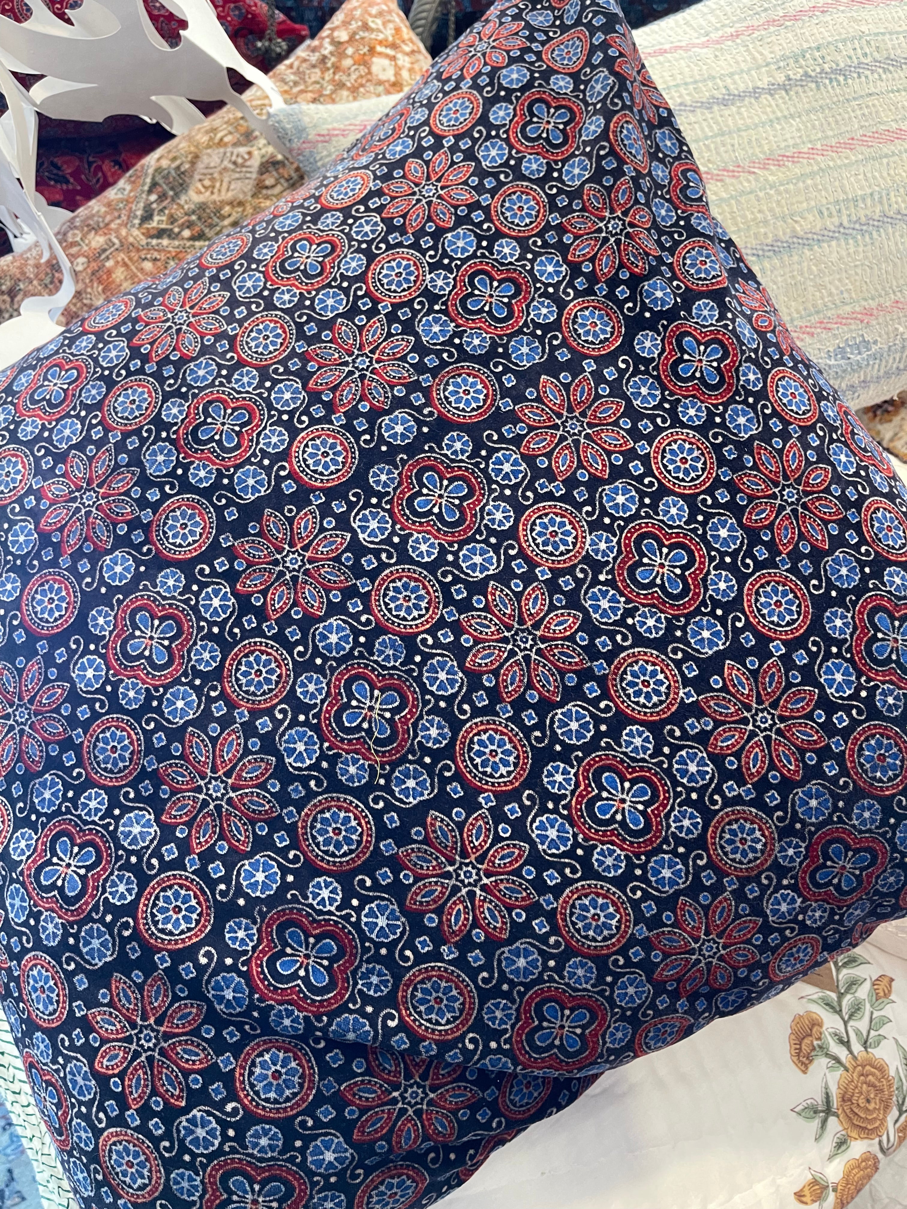 Ajrakh Velvet Cushion - Blue Flower