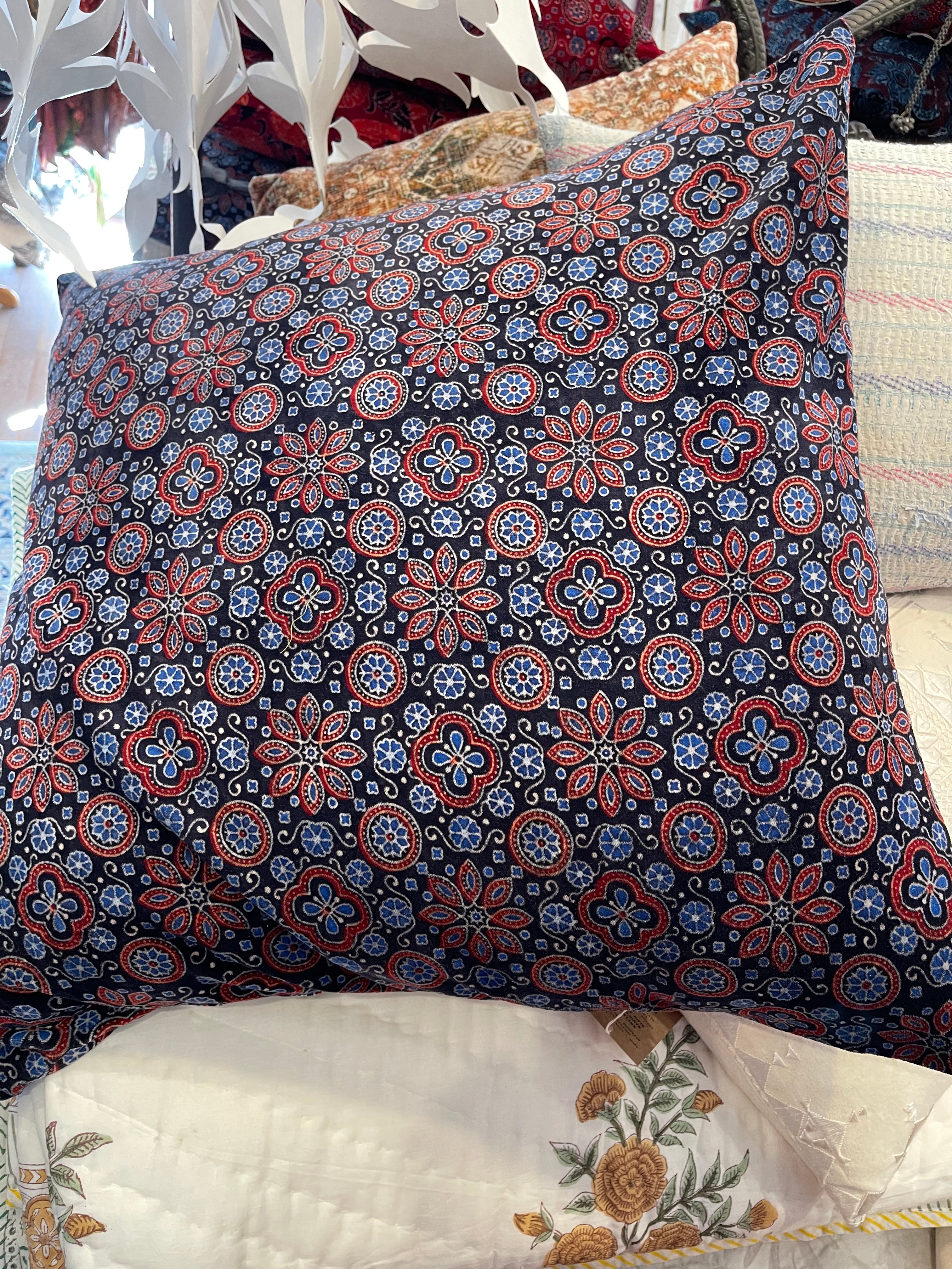 Ajrakh Velvet Cushion - Blue Flower