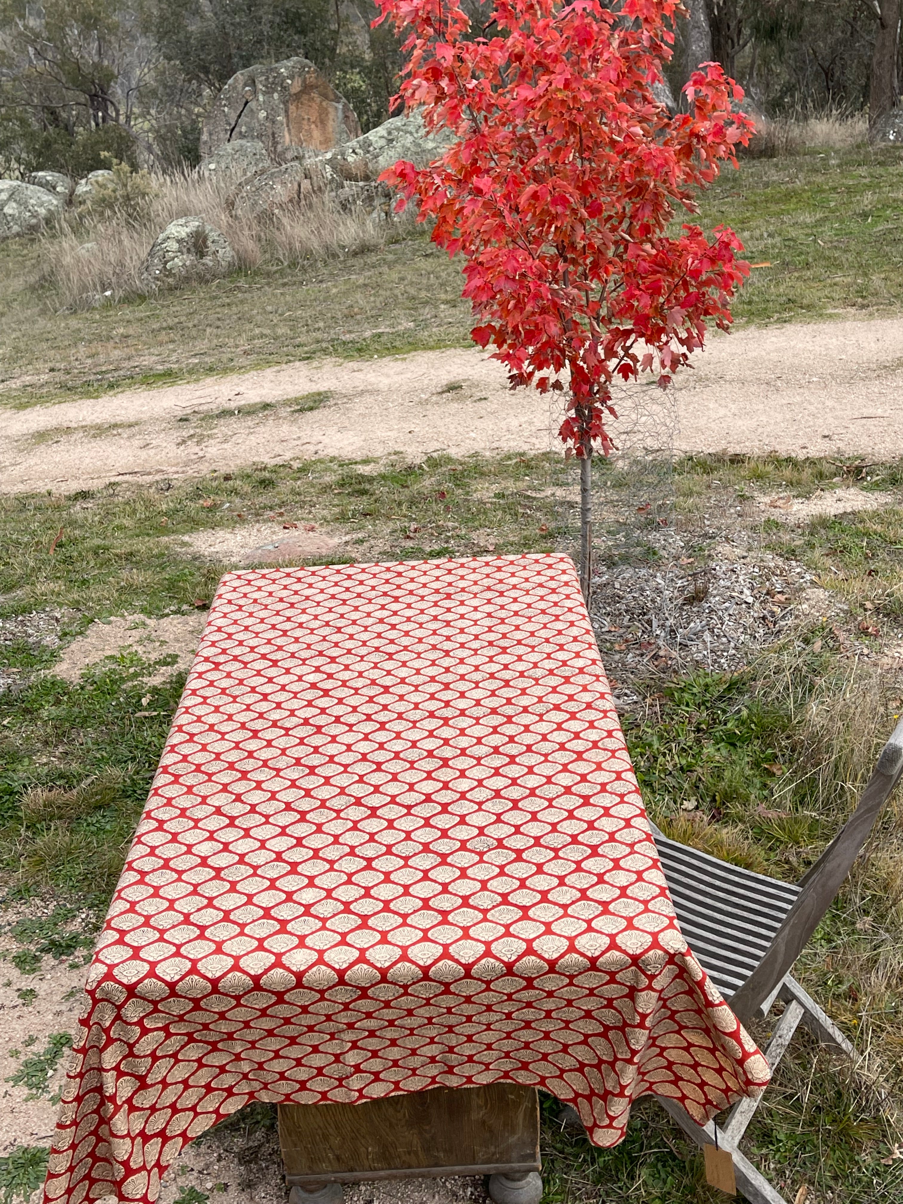 Handblock Printed Tablecloth  -  Red Flower