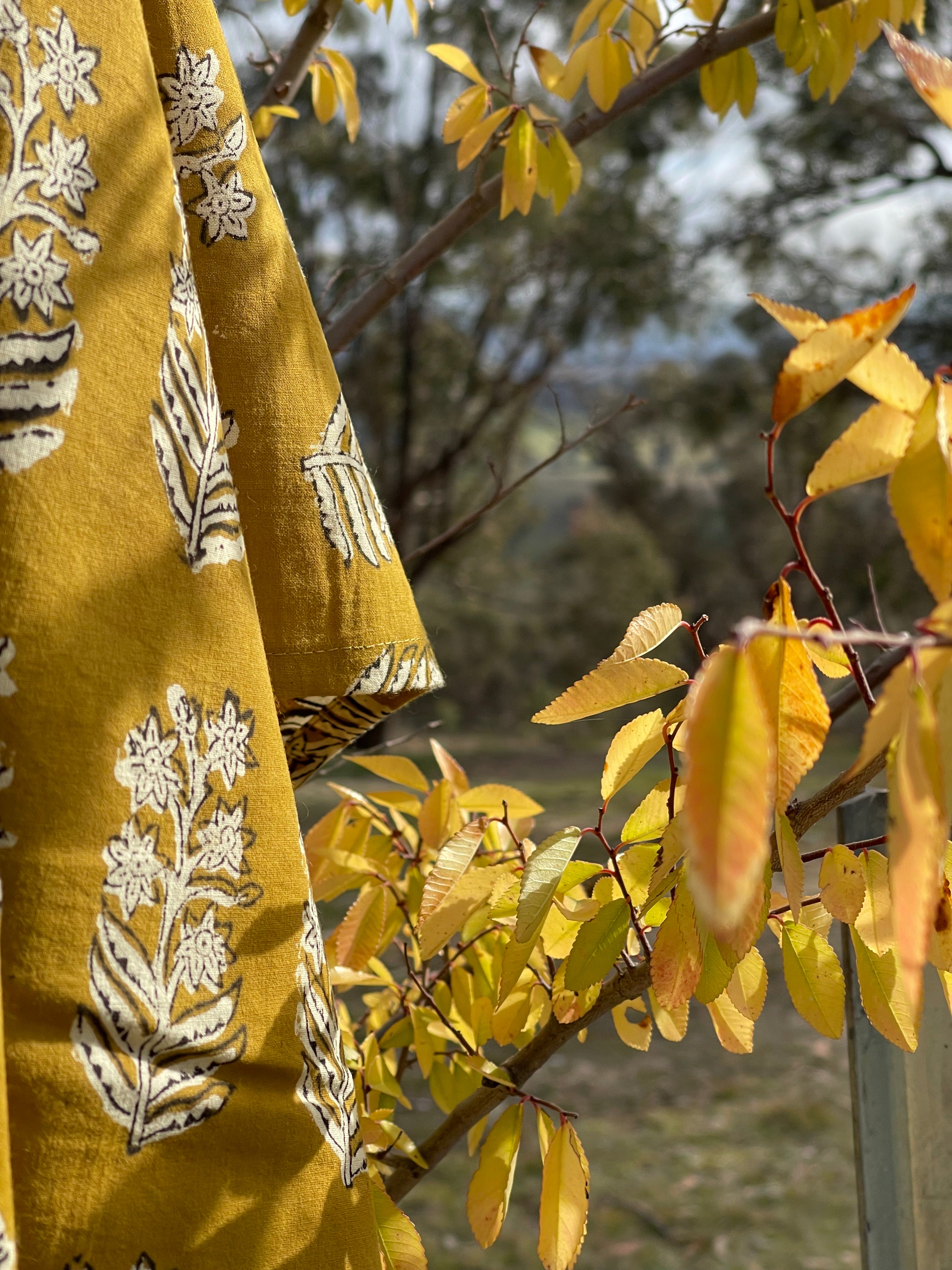 Handblock Printed Tablecloth - Mustard Flower Tree