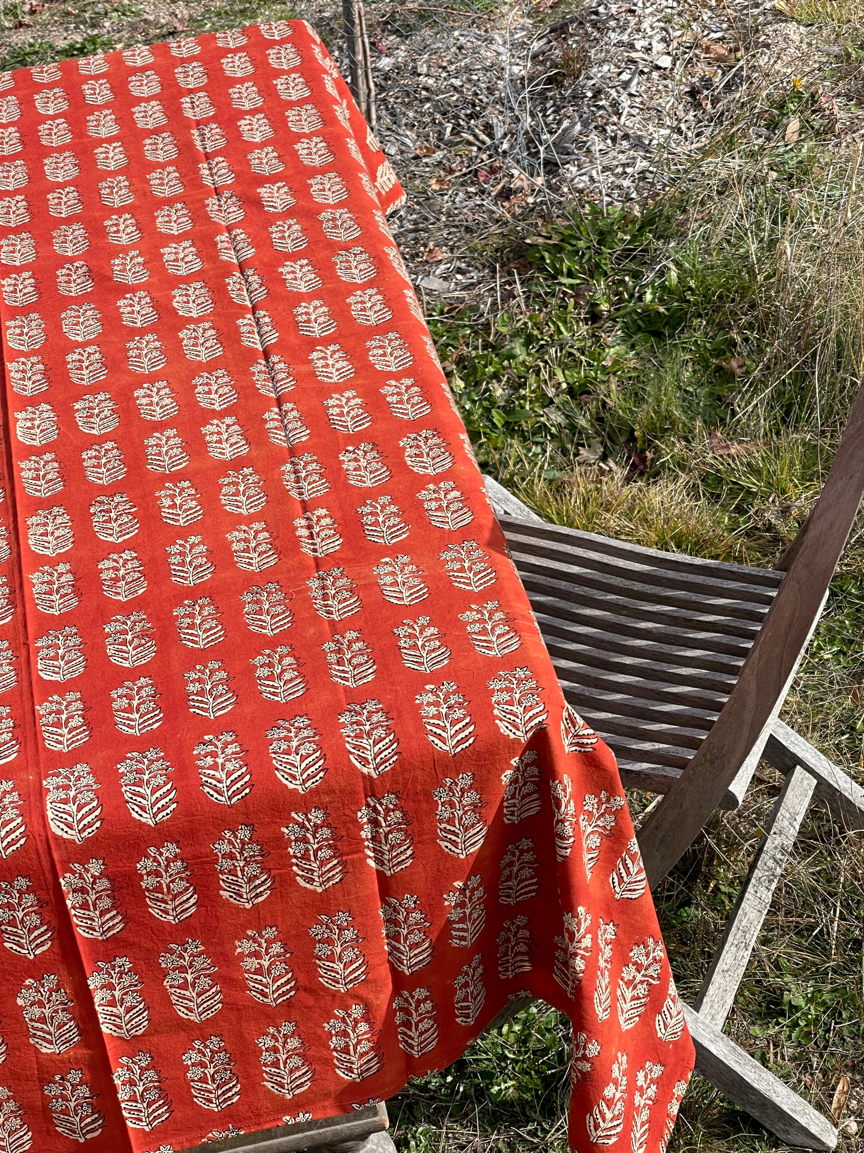 Handblock Printed Tablecloth  - Red Flower Tree