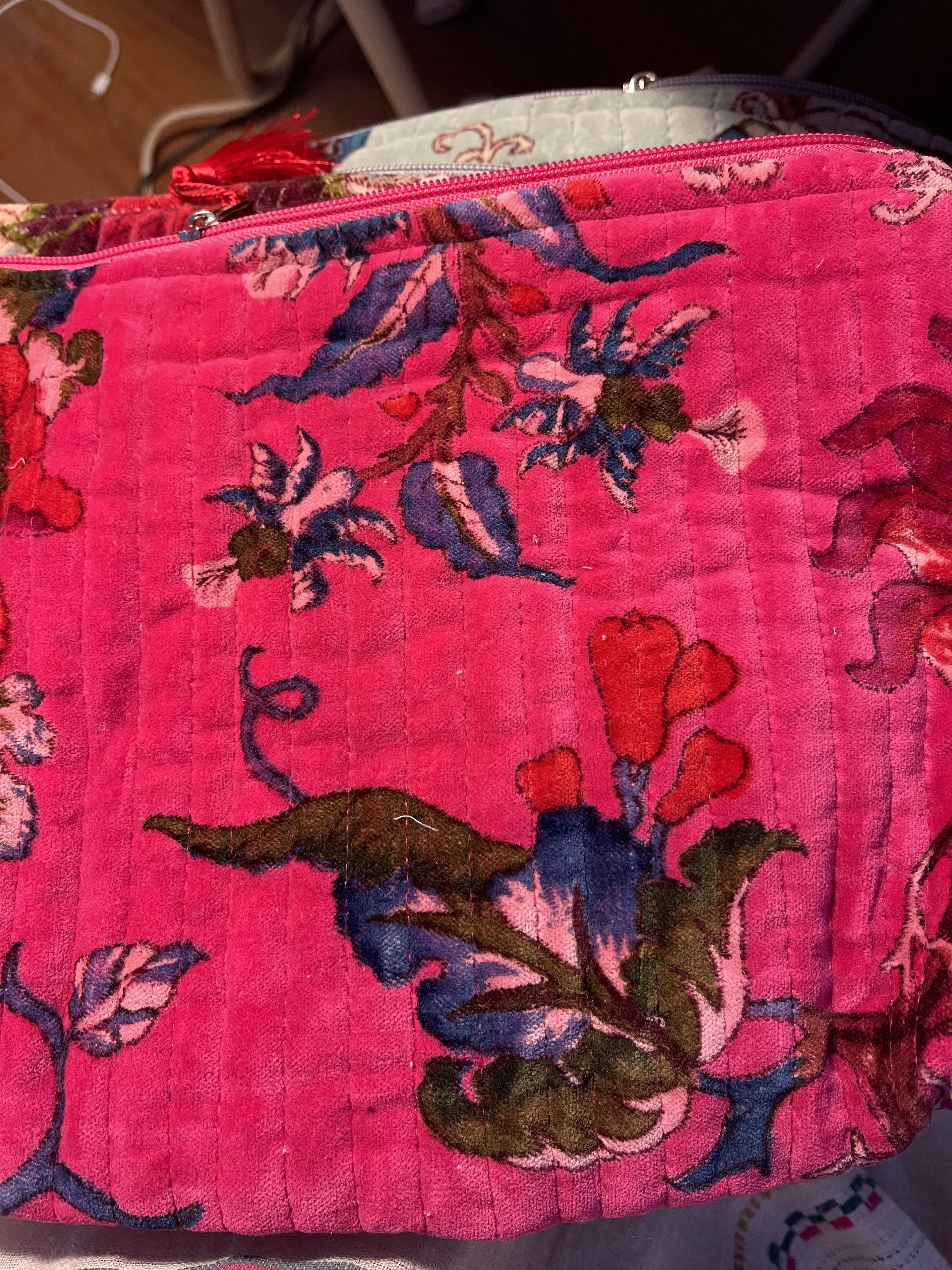 Botanical Print Velvet Pouch - Warm Fuchsia