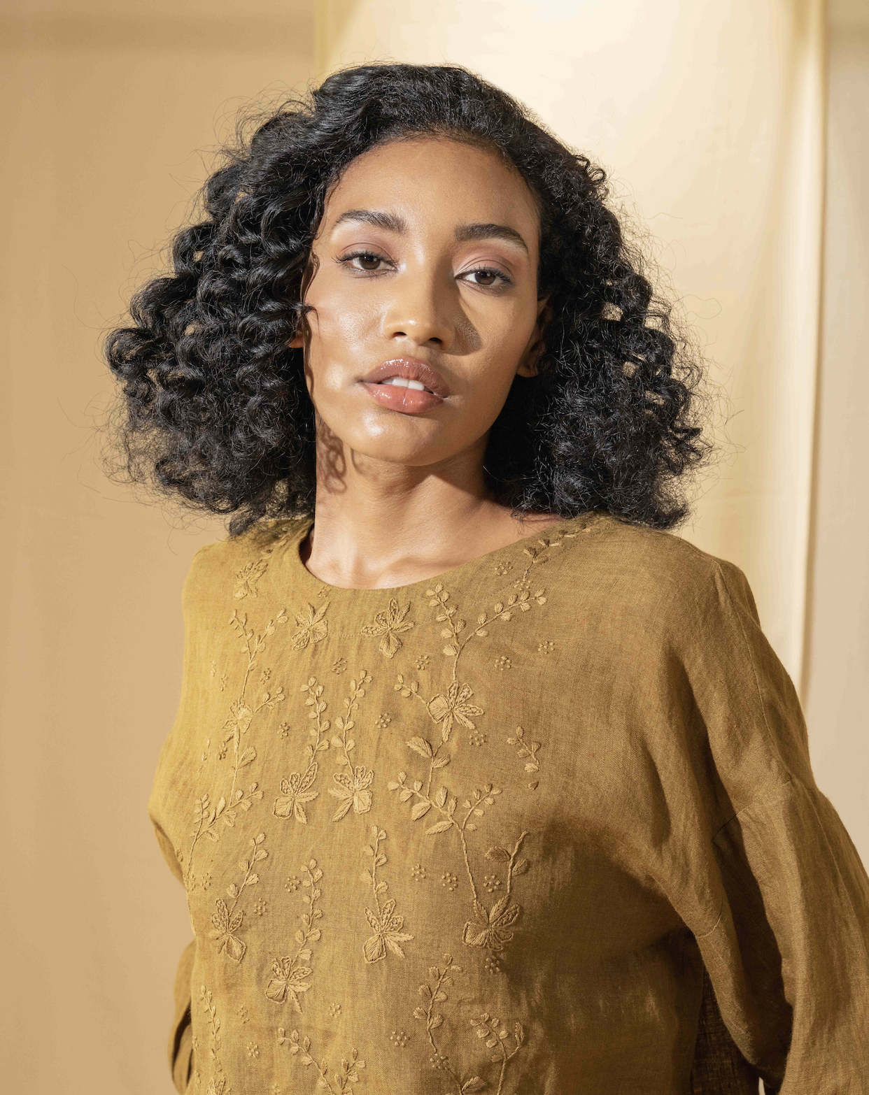 INAYA Blouse - Hand Embroidered Gold/Mustard Linen