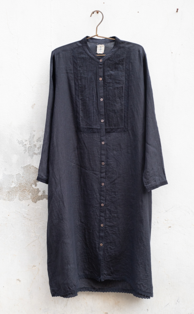 HEERA LINEN SHIRT DRESS with LACE - BLACK
