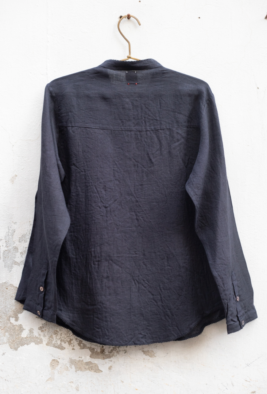 NIVA PINTUCK LINEN SHIRT with LACE- BLACK