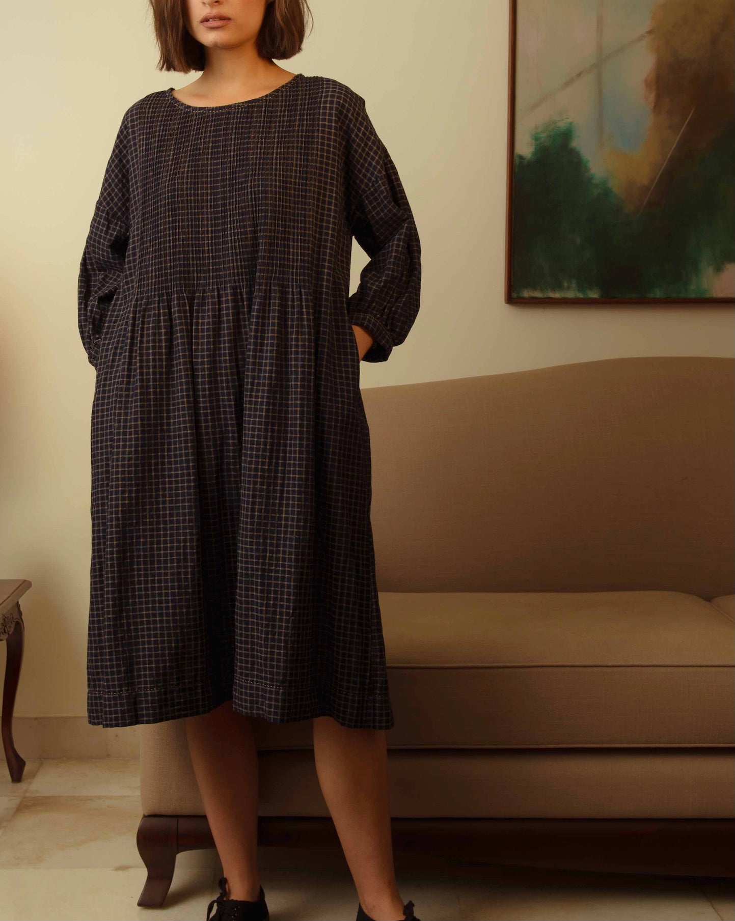 ANISHA COTTON  DRESS - Handwoven Black Check