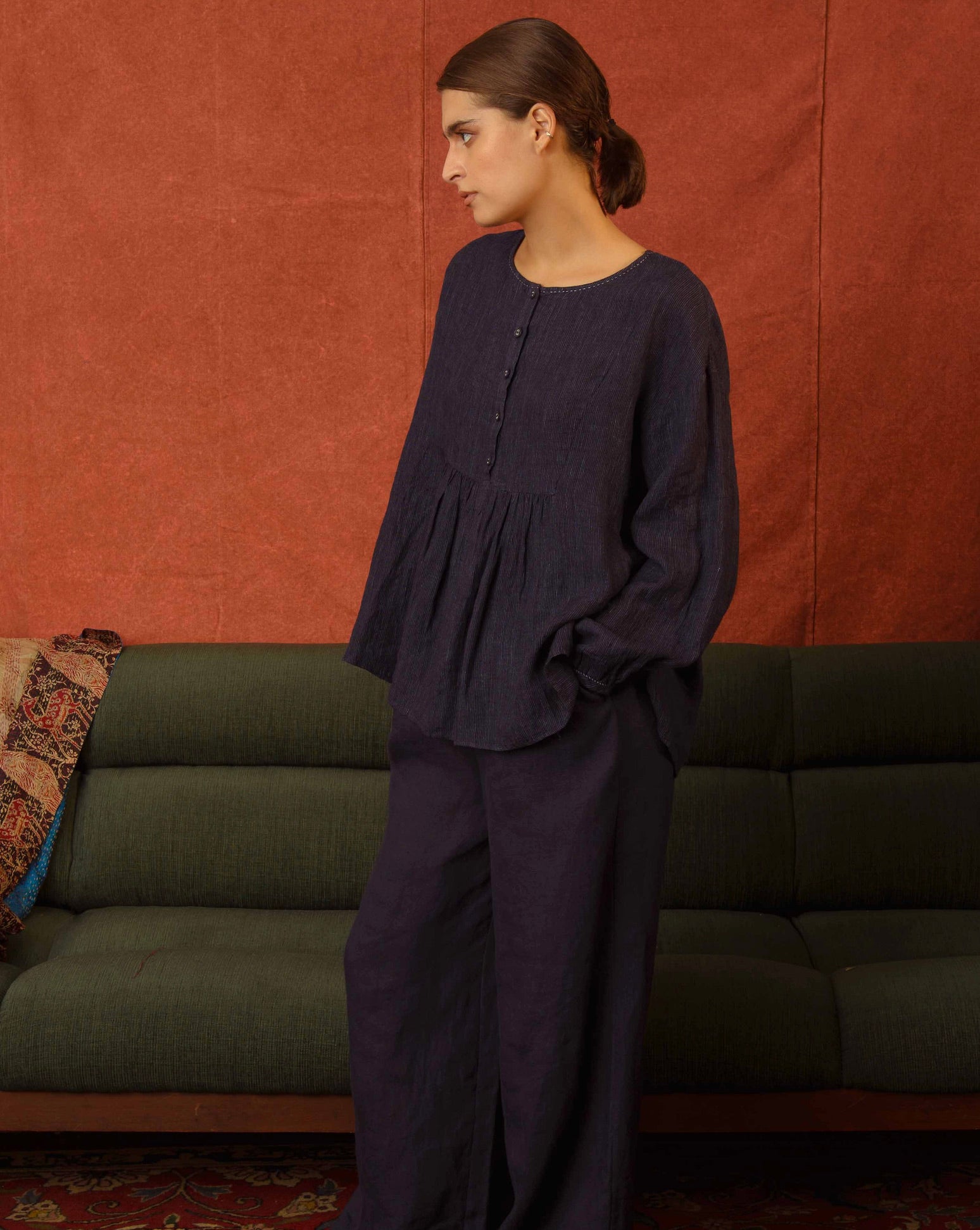 TAVISHI Linen Blouse - Navy Stripe