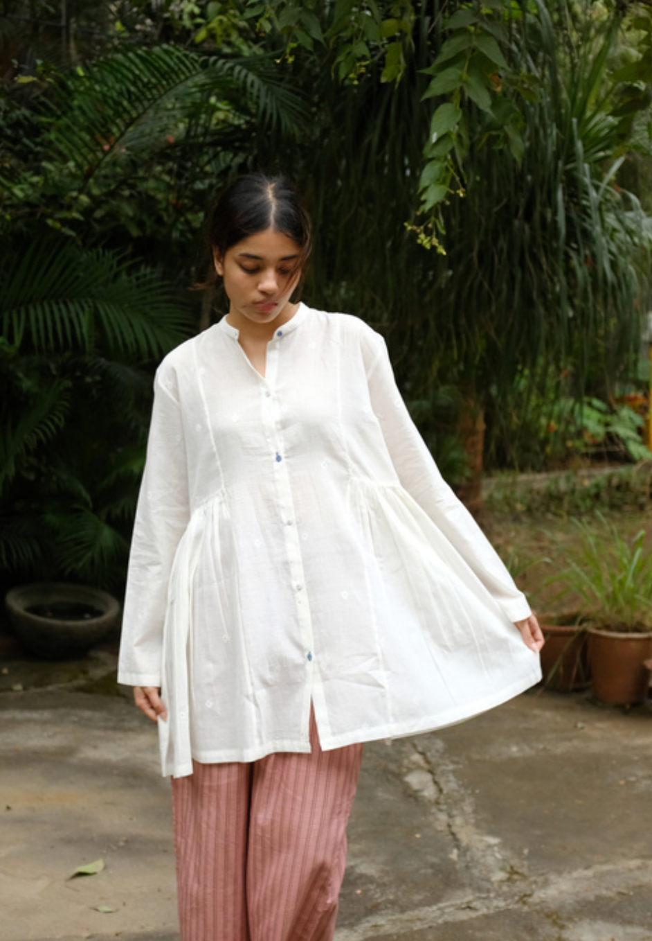 WOMEN COTTON JAMDANI SHIRRED SHIRT- CINNAMON