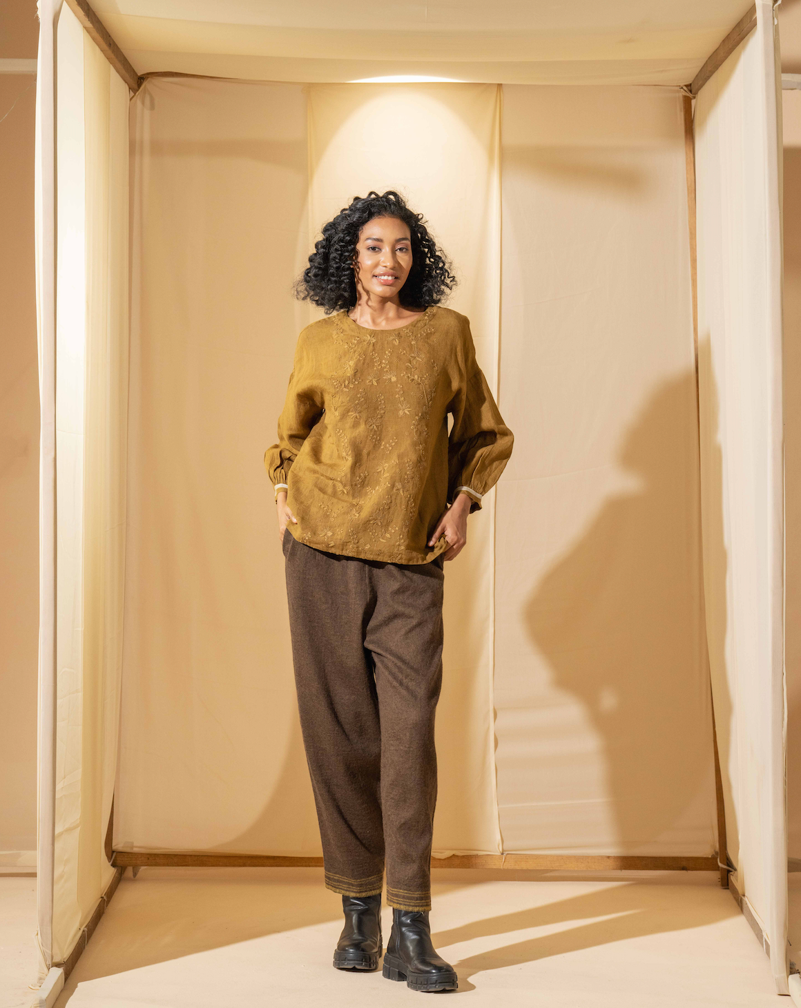 INAYA Blouse - Hand Embroidered Gold/Mustard Linen