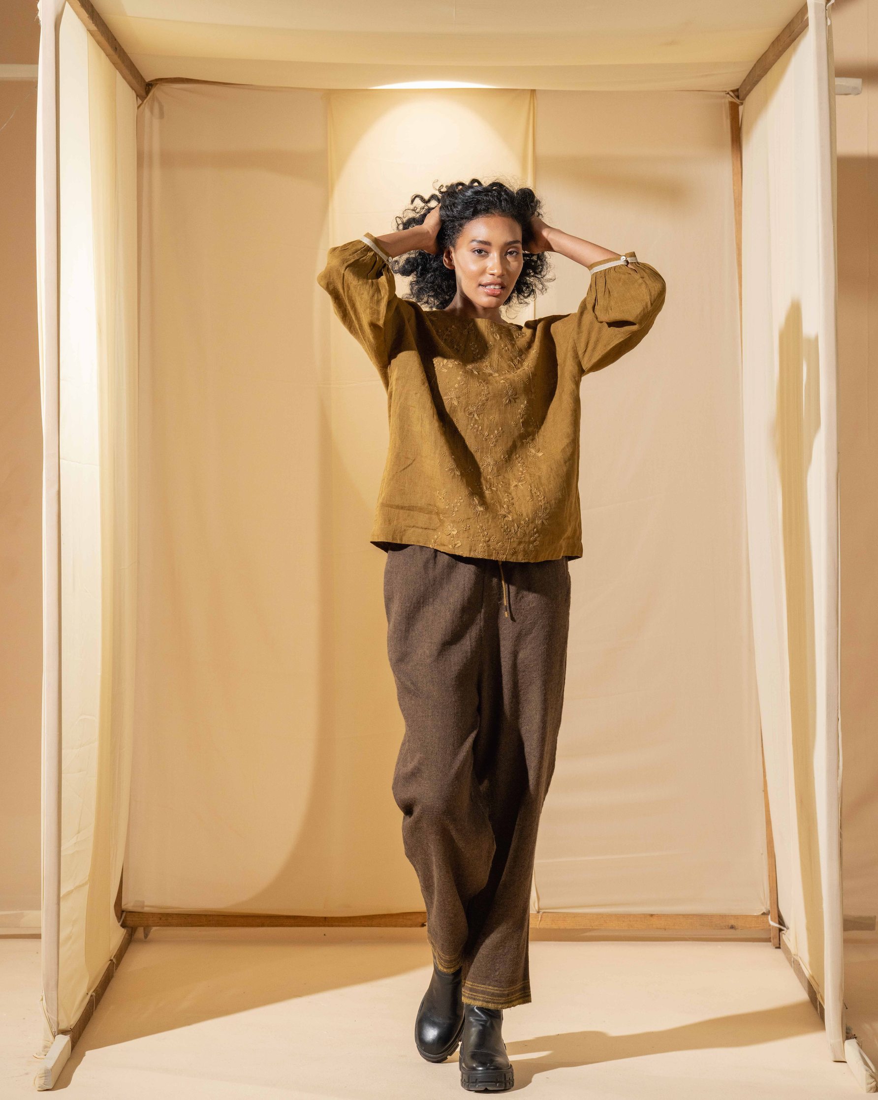 INAYA Blouse - Hand Embroidered Gold/Mustard Linen