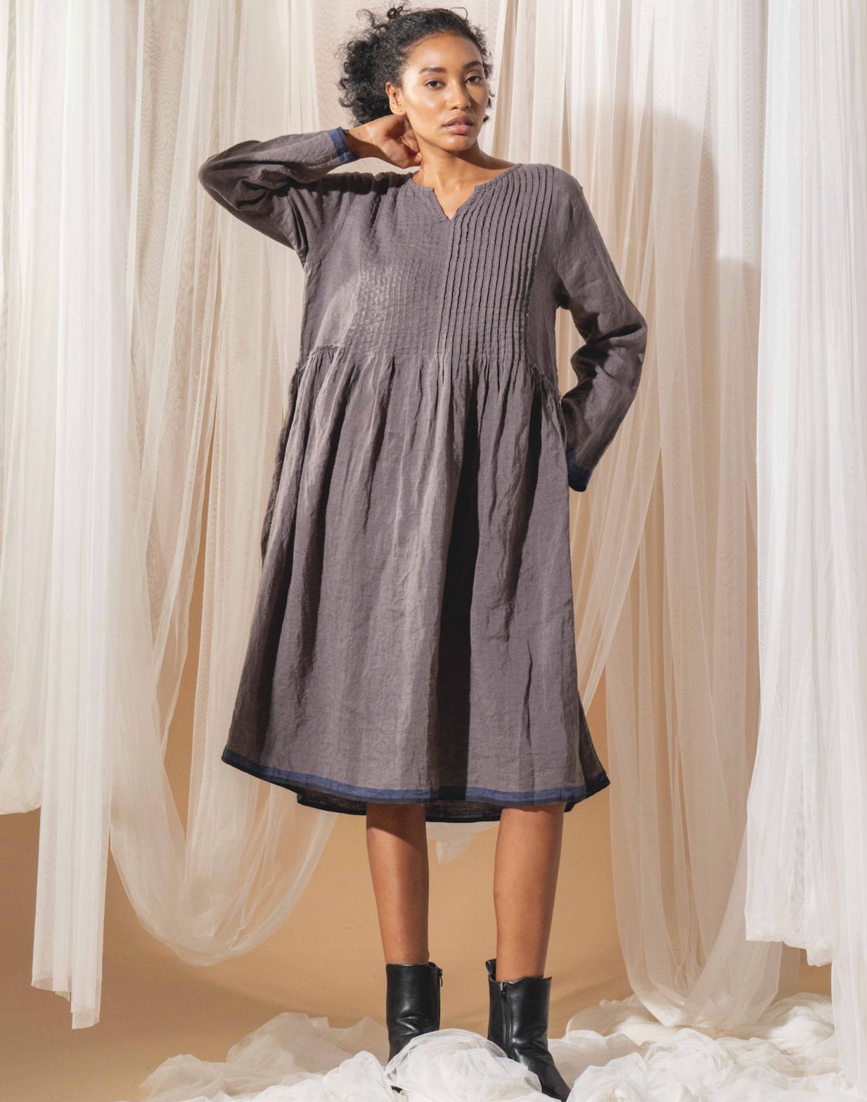 BHAVYA Dress - Storm Linen Pintuck