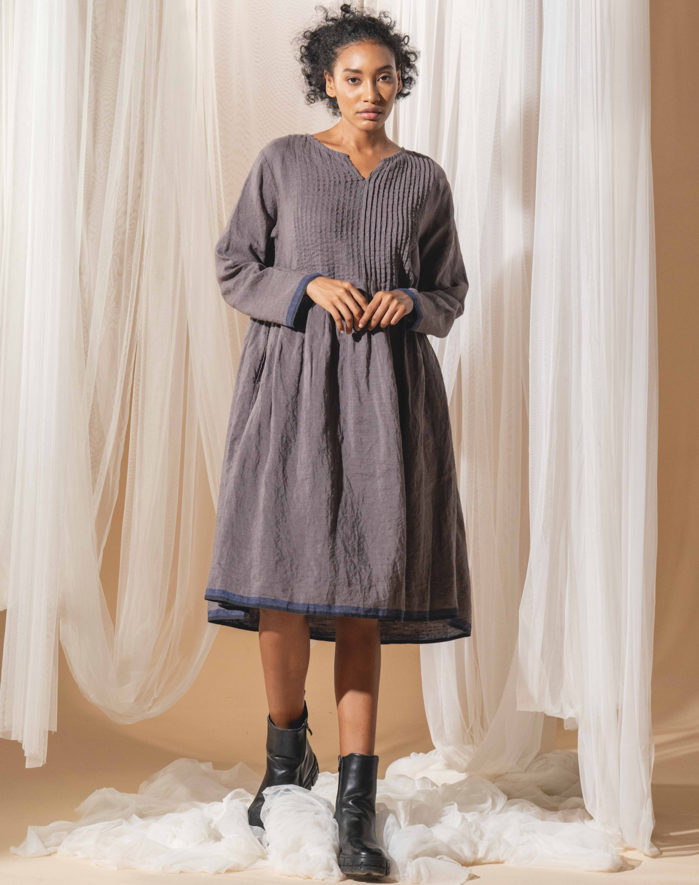 BHAVYA Dress - Storm Linen Pintuck