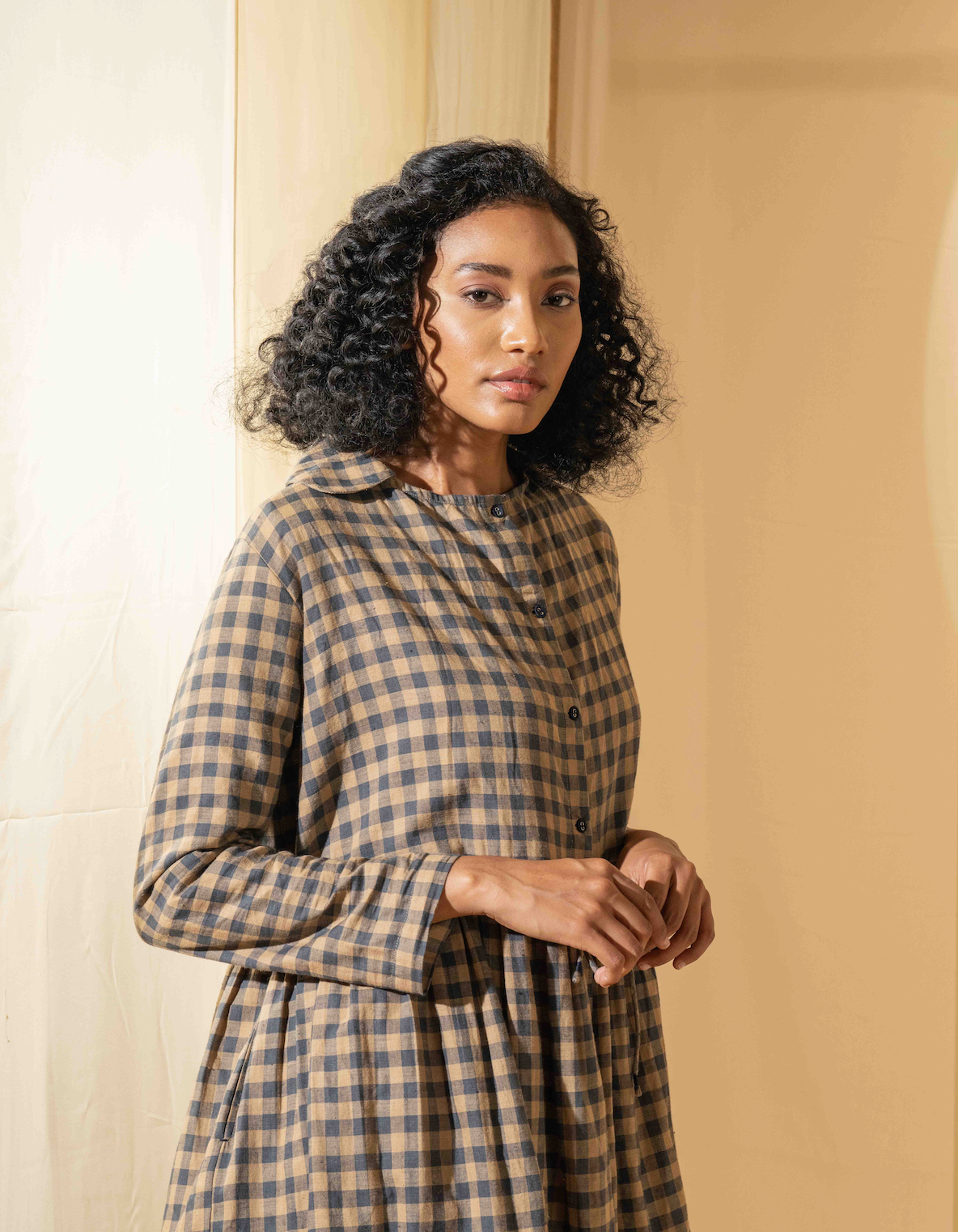 JAYA DRESS - Cotton Beige/Indigo Check