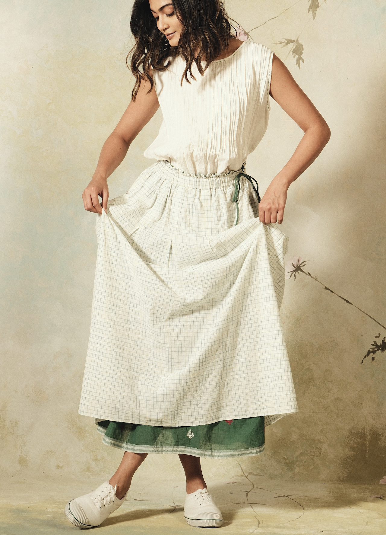 NEELA Jamdani Skirt - Ivory/Emerald
