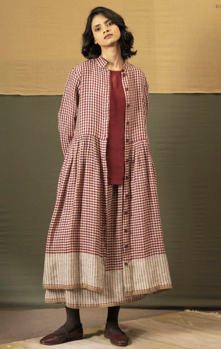 TARA Linen Check Dress - Barn Red