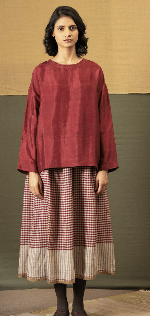 ISHA Linen Check Skirt -Barn Red